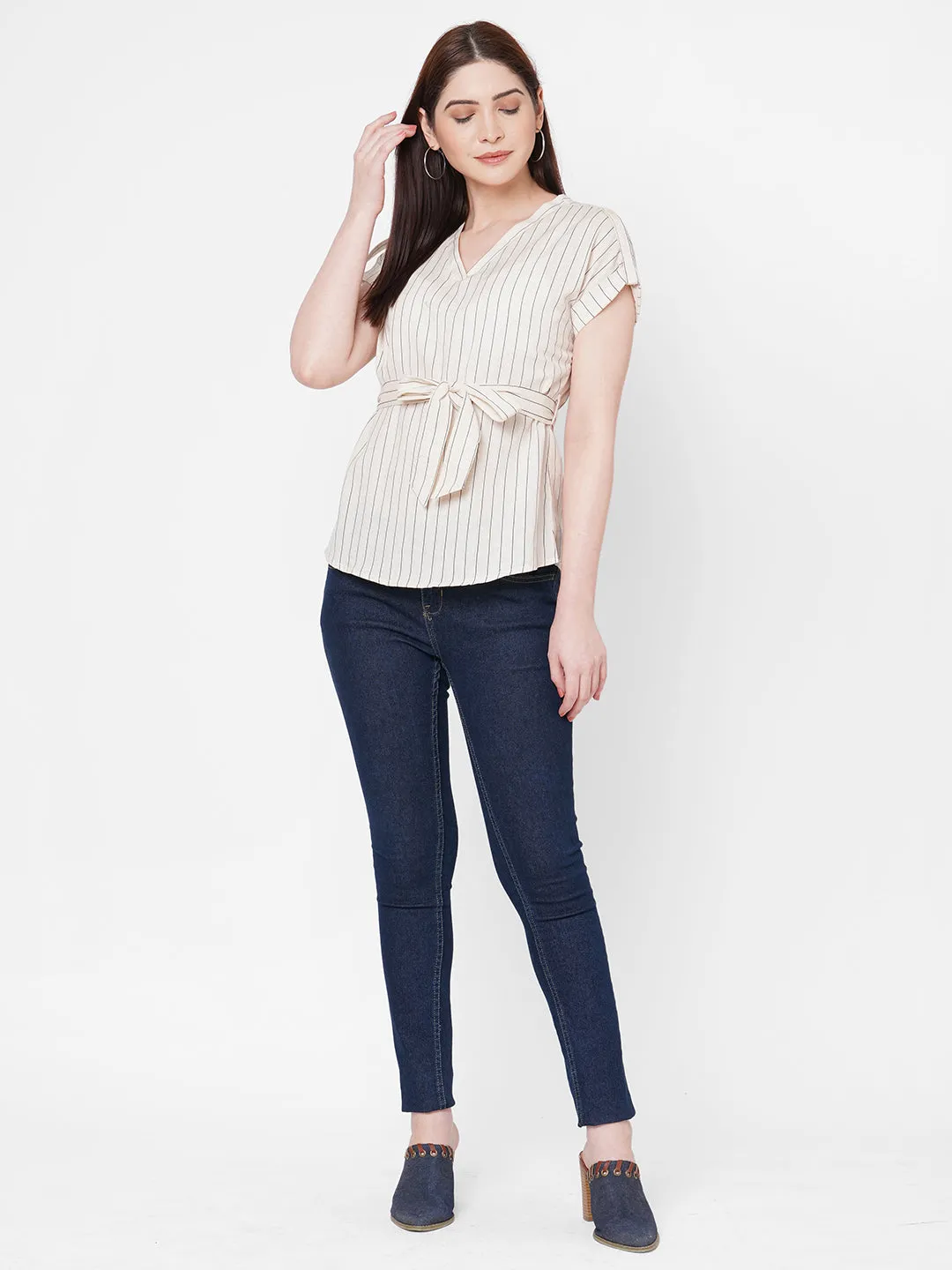 Grey Stripes Top With Tie Up Belt