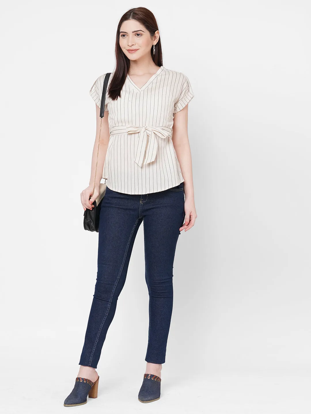 Grey Stripes Top With Tie Up Belt