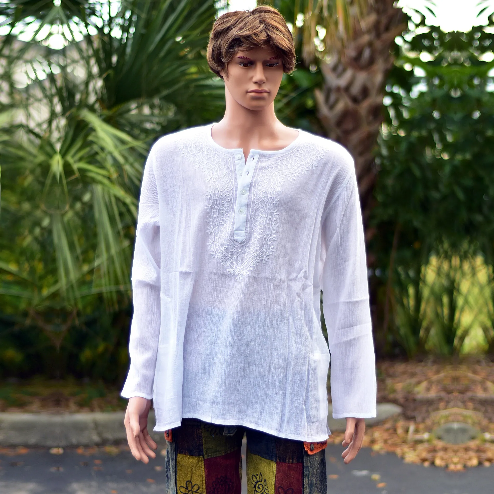 Handcrafted Bohemian Crinkled Cotton Embroidered Unisex Ethnic Kurta Tunic Shirt Mens Cotton Boho Womens Oversized Tunic With Pockets