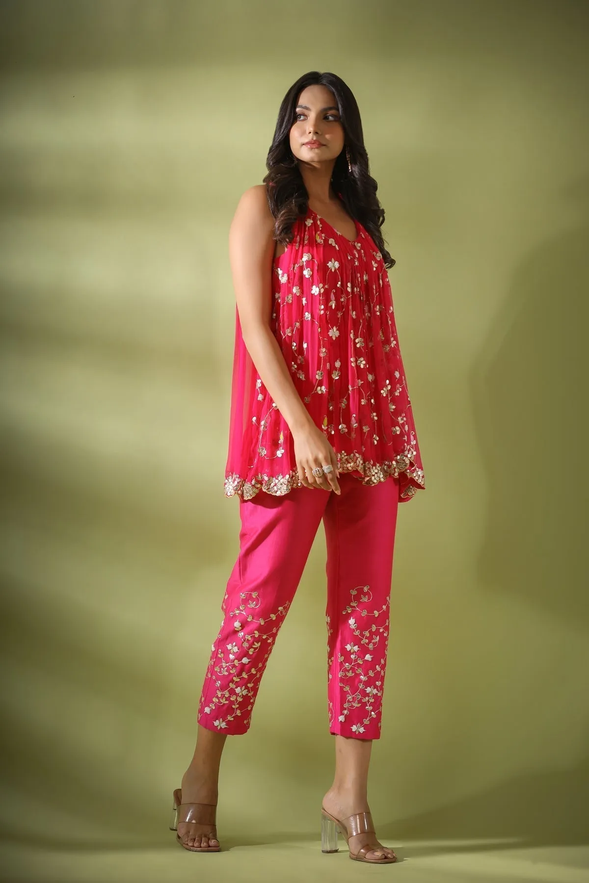 Haseena phool jaal gota patti tunic pants co-ord set in fuchsia