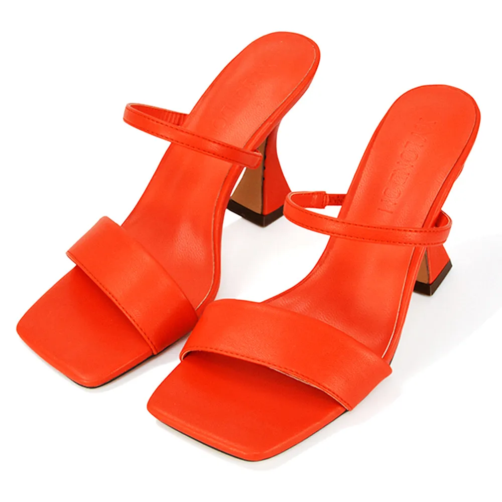 Haven Double Strap Square Toe Sculptured Heel Mule in Orange Synthetic Leather