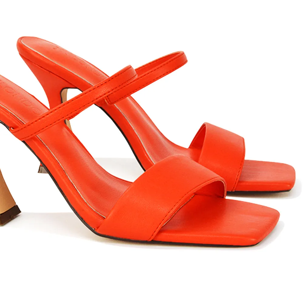 Haven Double Strap Square Toe Sculptured Heel Mule in Orange Synthetic Leather