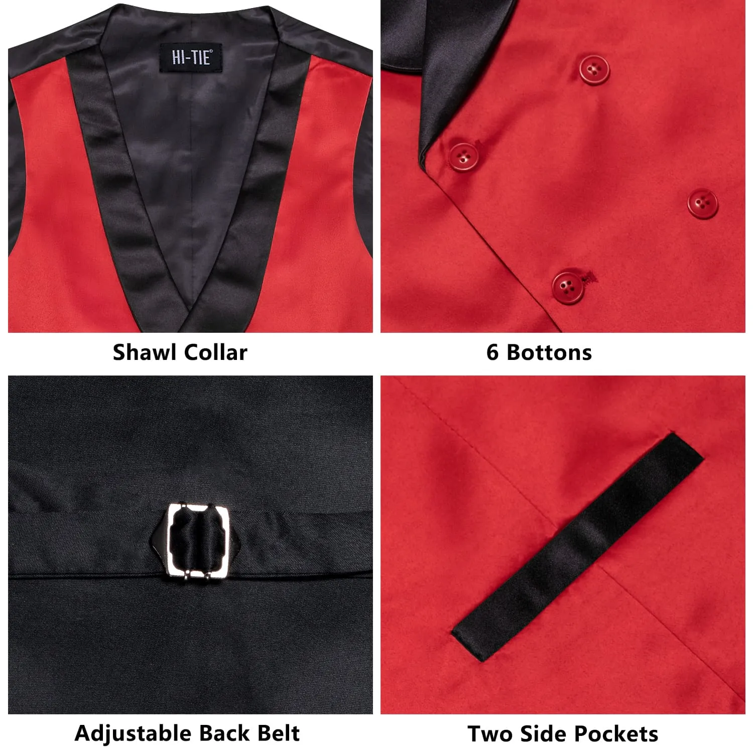 Hi-Tie Persian Red Double Breasted Waistcoat Black Shawl Lapel Vest