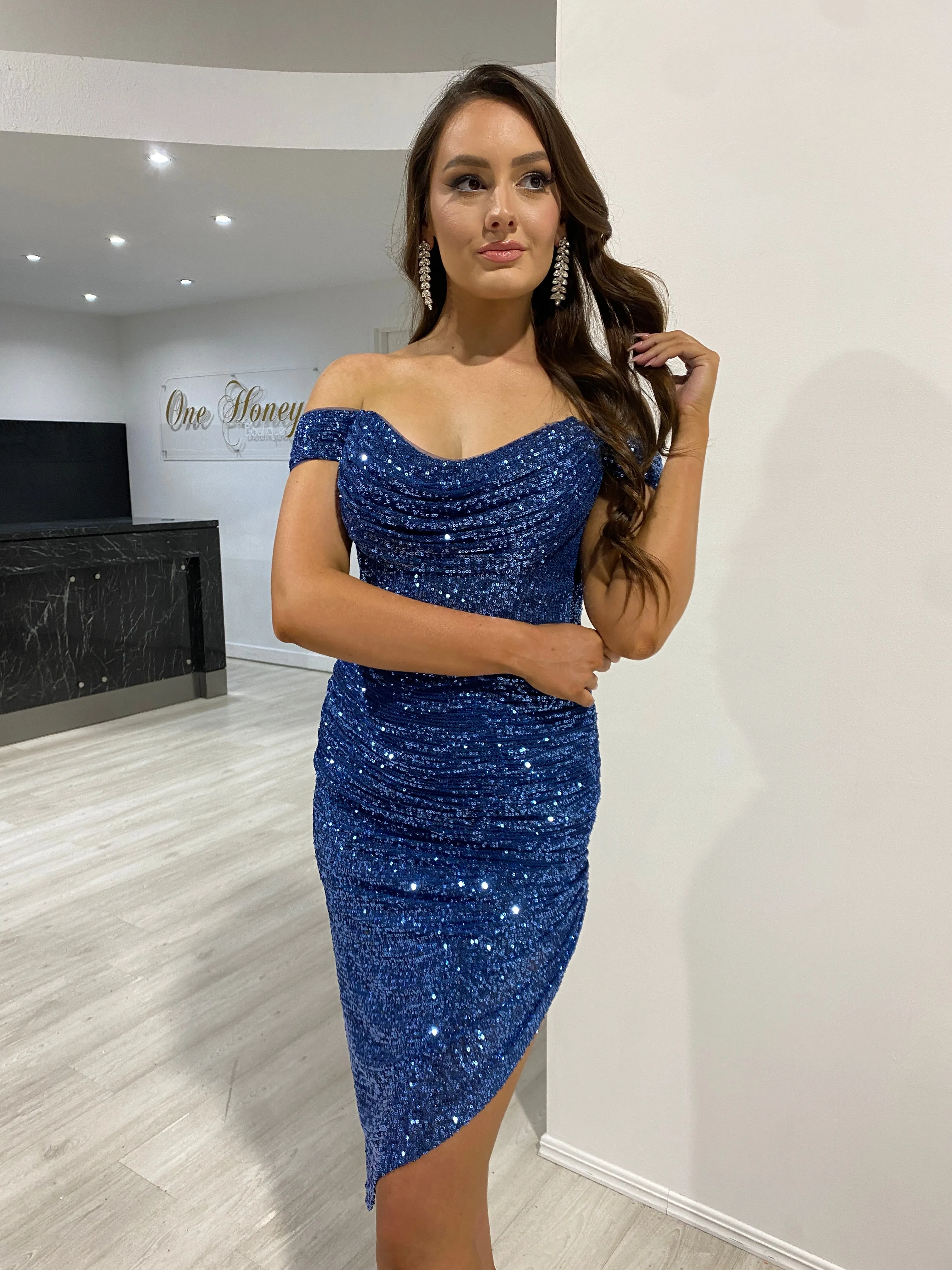 Honey Couture HESTA Lapis Blue Sequin Off Shoulder Bustier Midi Dress