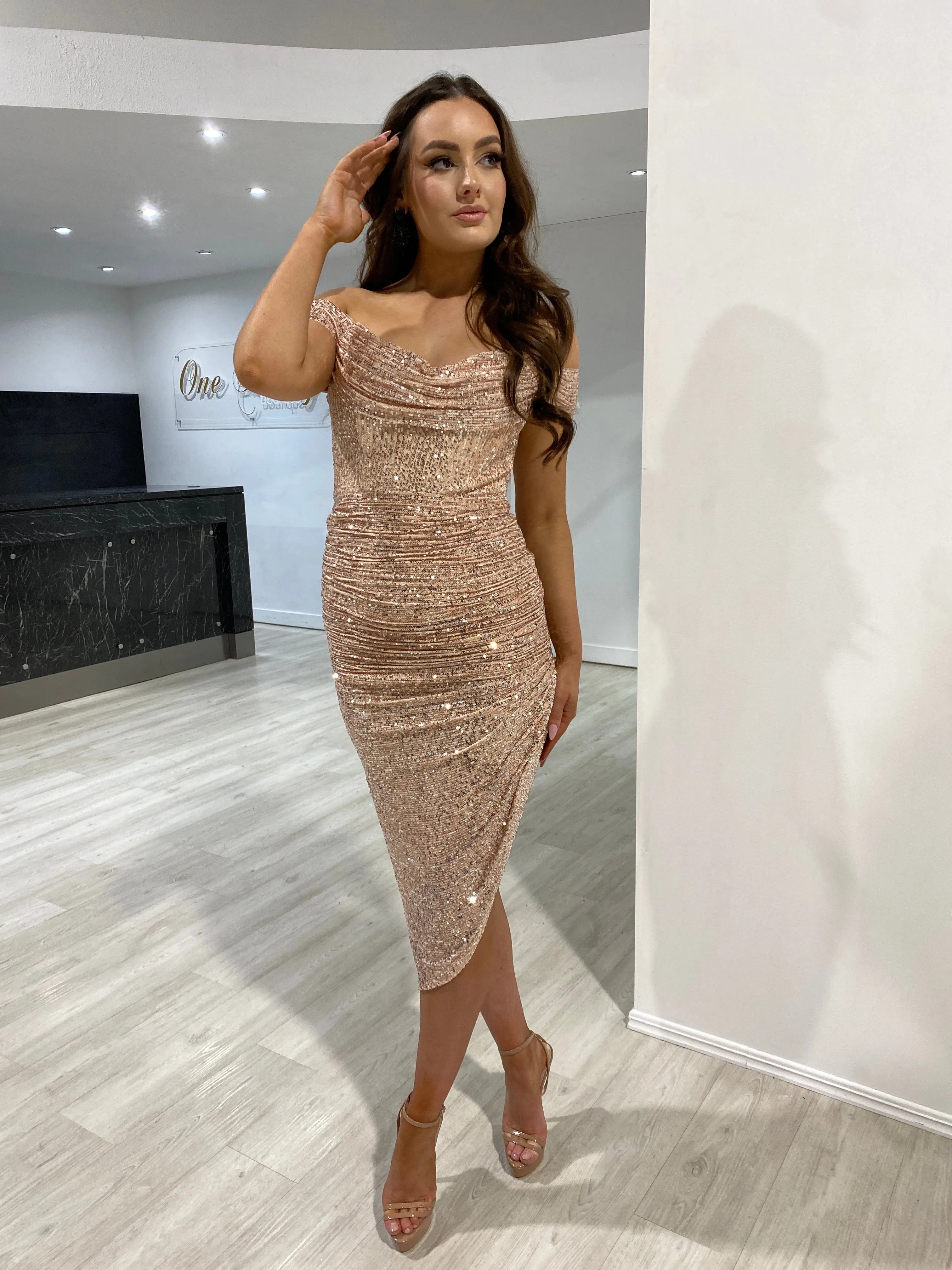 Honey Couture HESTA Rose Gold Sequin Off Shoulder Bustier Midi Dress