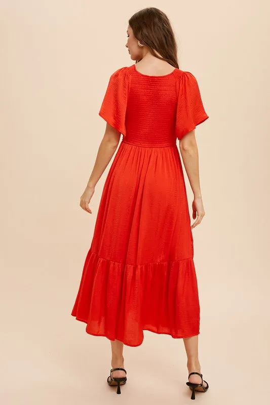 In Loom Satin Smocked Midi Dress - Red Orange