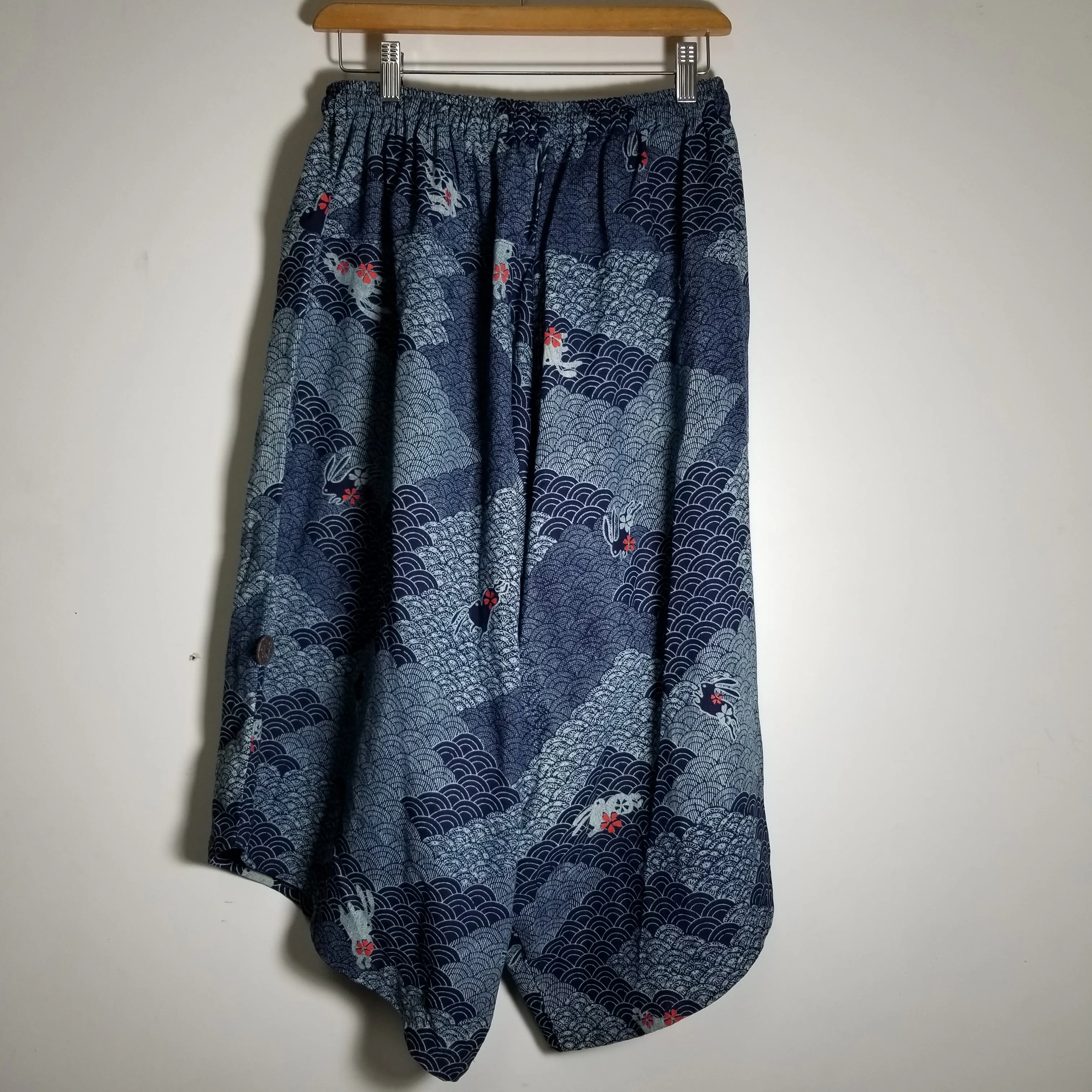 Indigo Bunny Waves Elastic Waist Drawstrings Samurai Pants