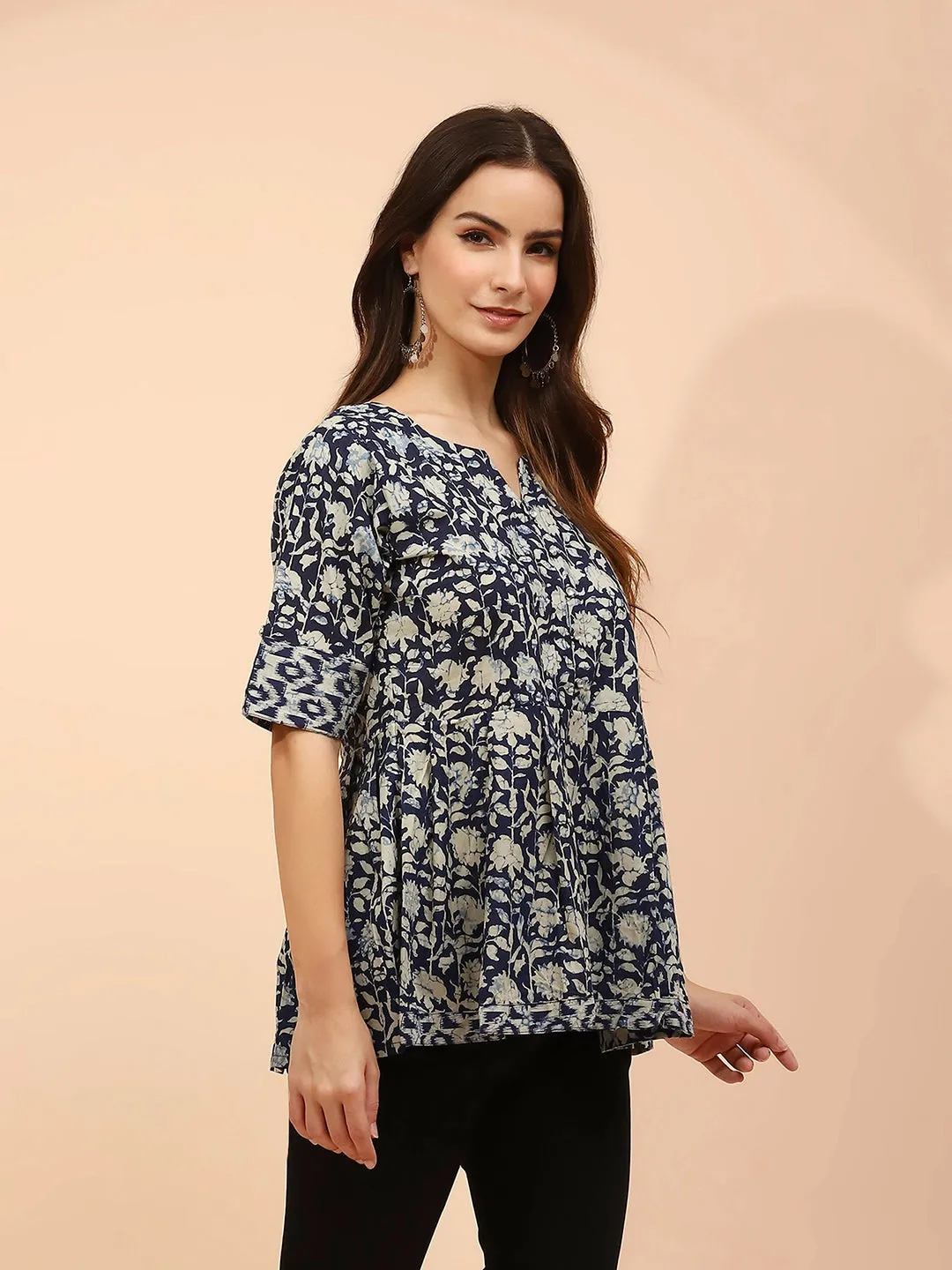 Indigo Floral Printed Cotton Regular Fit Tunic