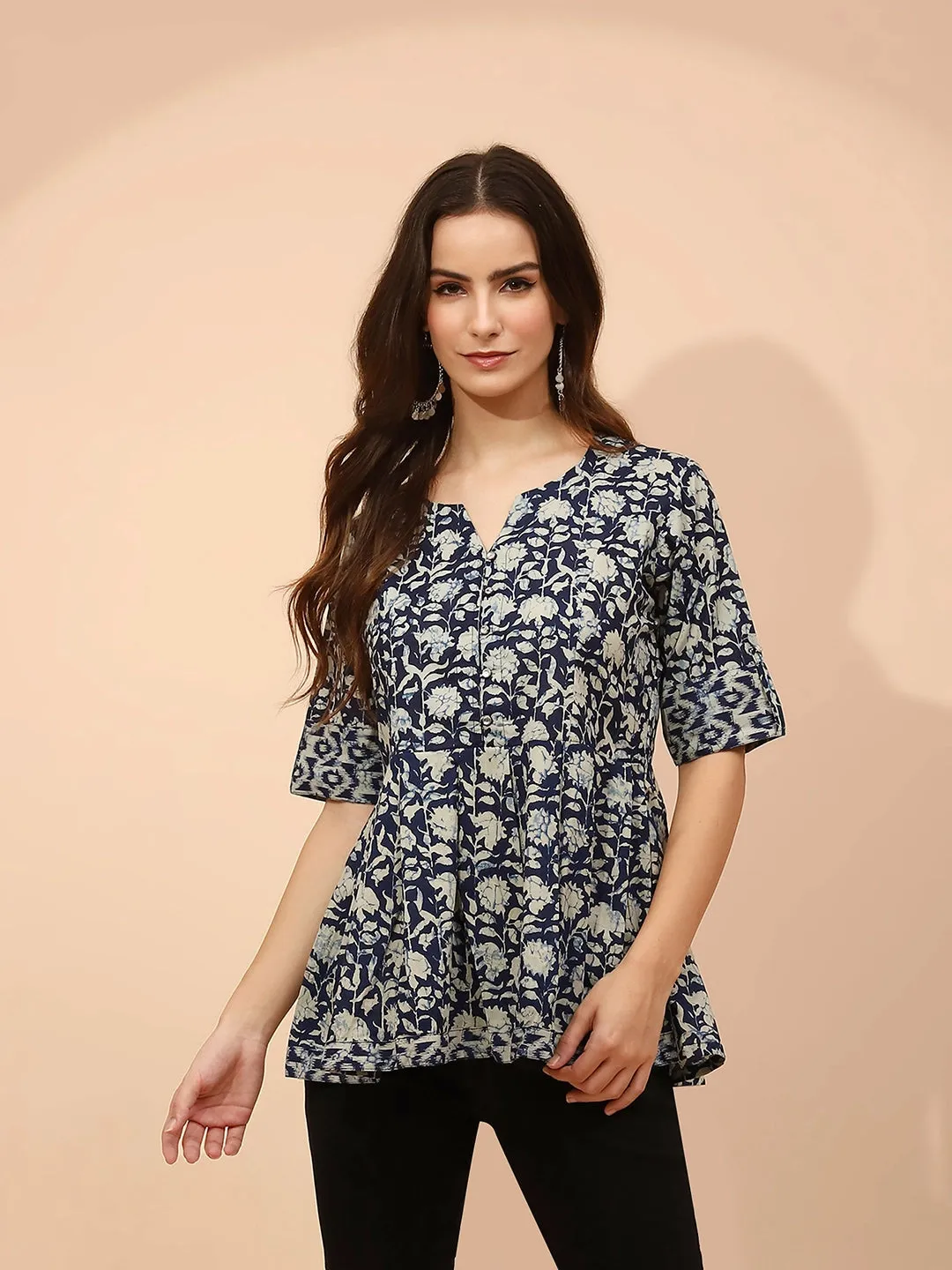 Indigo Floral Printed Cotton Regular Fit Tunic