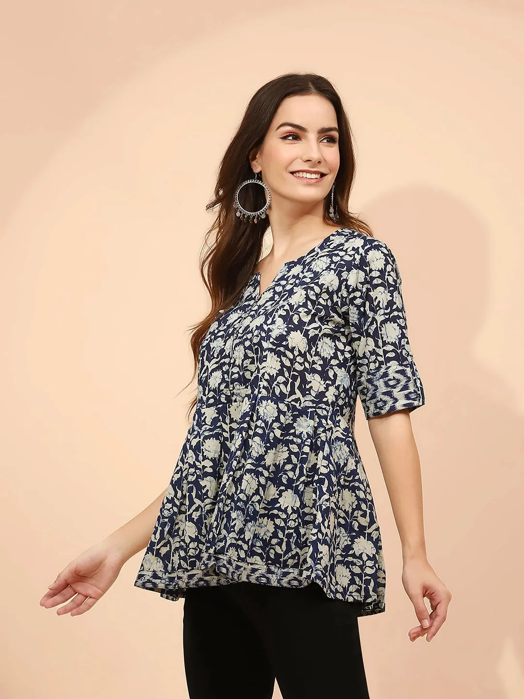 Indigo Floral Printed Cotton Regular Fit Tunic