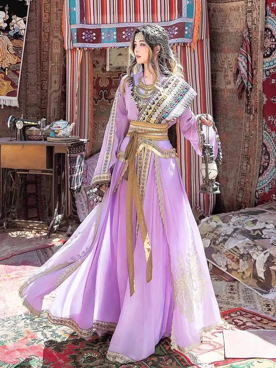 Inspired By the Ancient Western Chinese kingdom Princess of Loulan, Purple Boho Embroidery Hanfu Costume(4PCS)