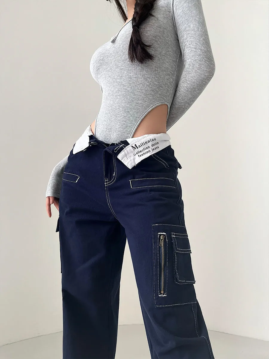 Jennie Navy Blue Denim Patchwork Fold Over Waist Lapel Straight Leg Pants