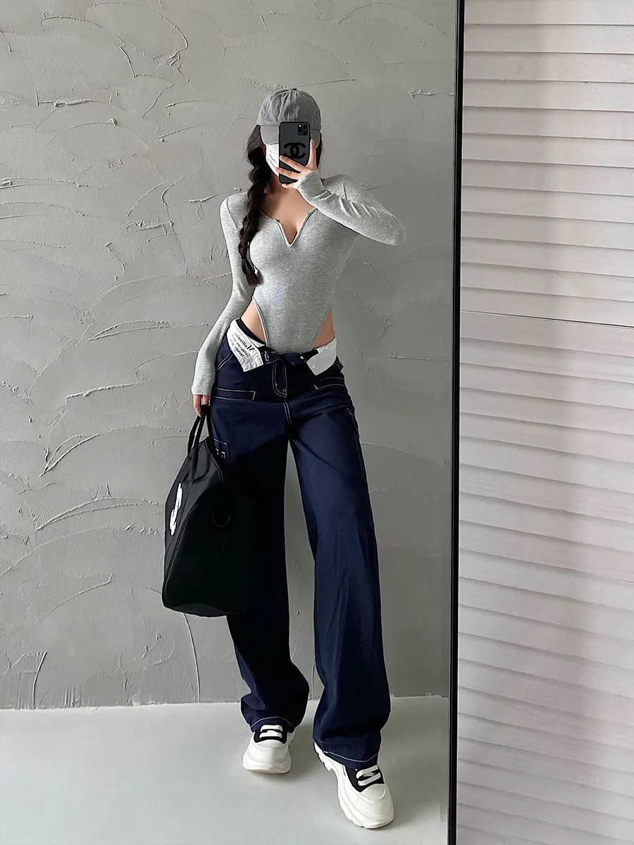 Jennie Navy Blue Denim Patchwork Fold Over Waist Lapel Straight Leg Pants