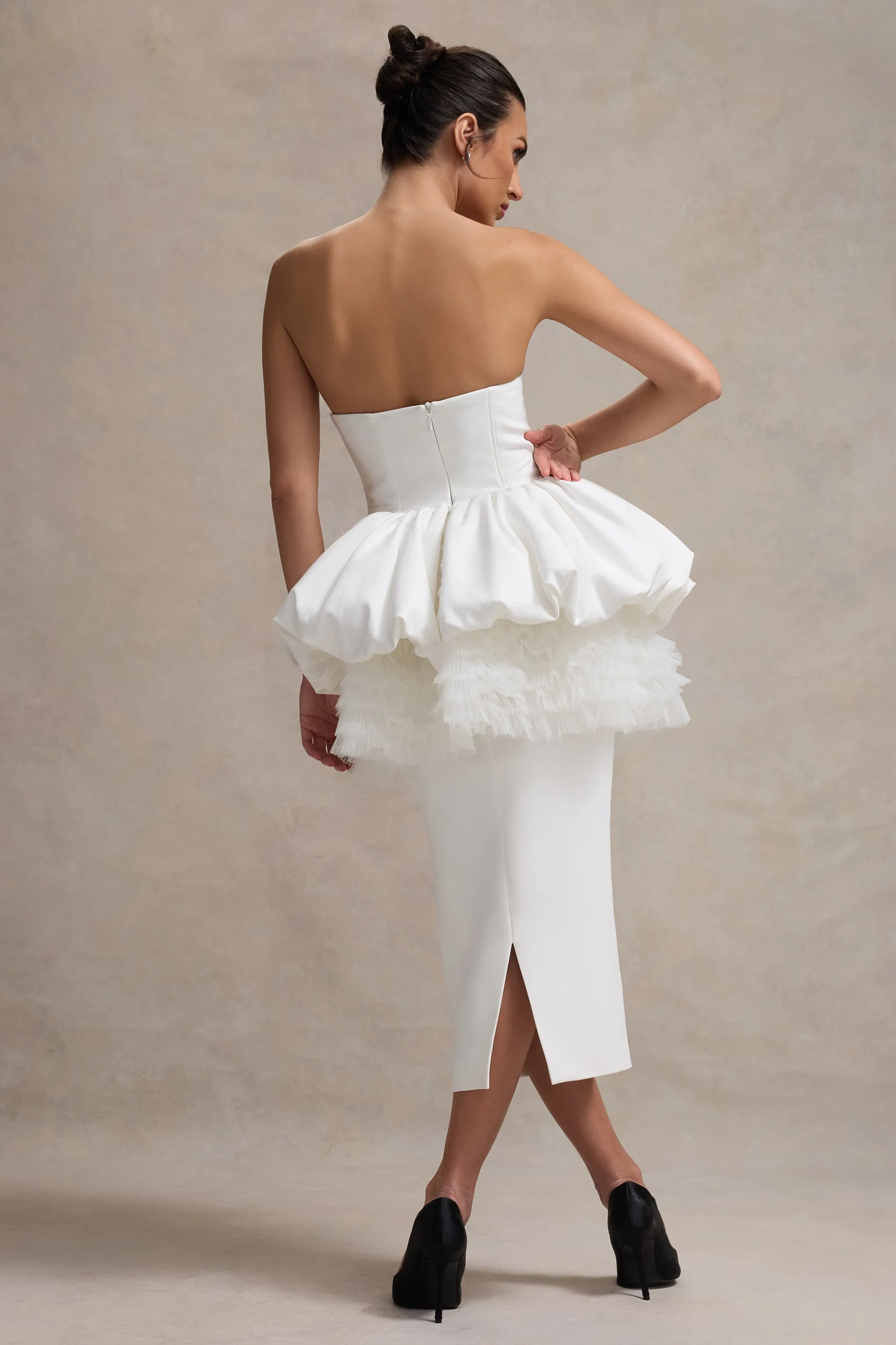 Jones | White Strapless Midi Dress With Tulle Peplum Waist