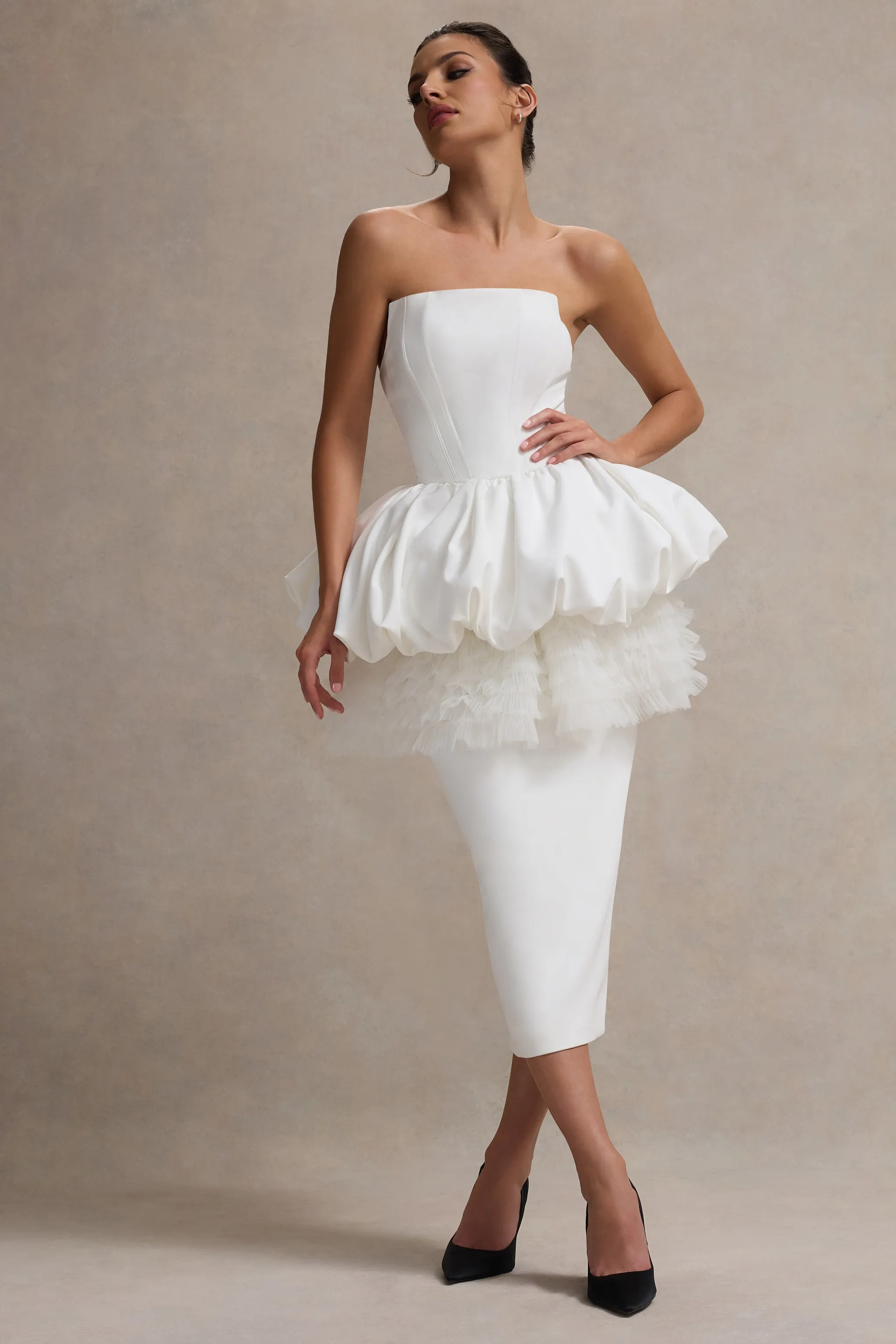 Jones | White Strapless Midi Dress With Tulle Peplum Waist