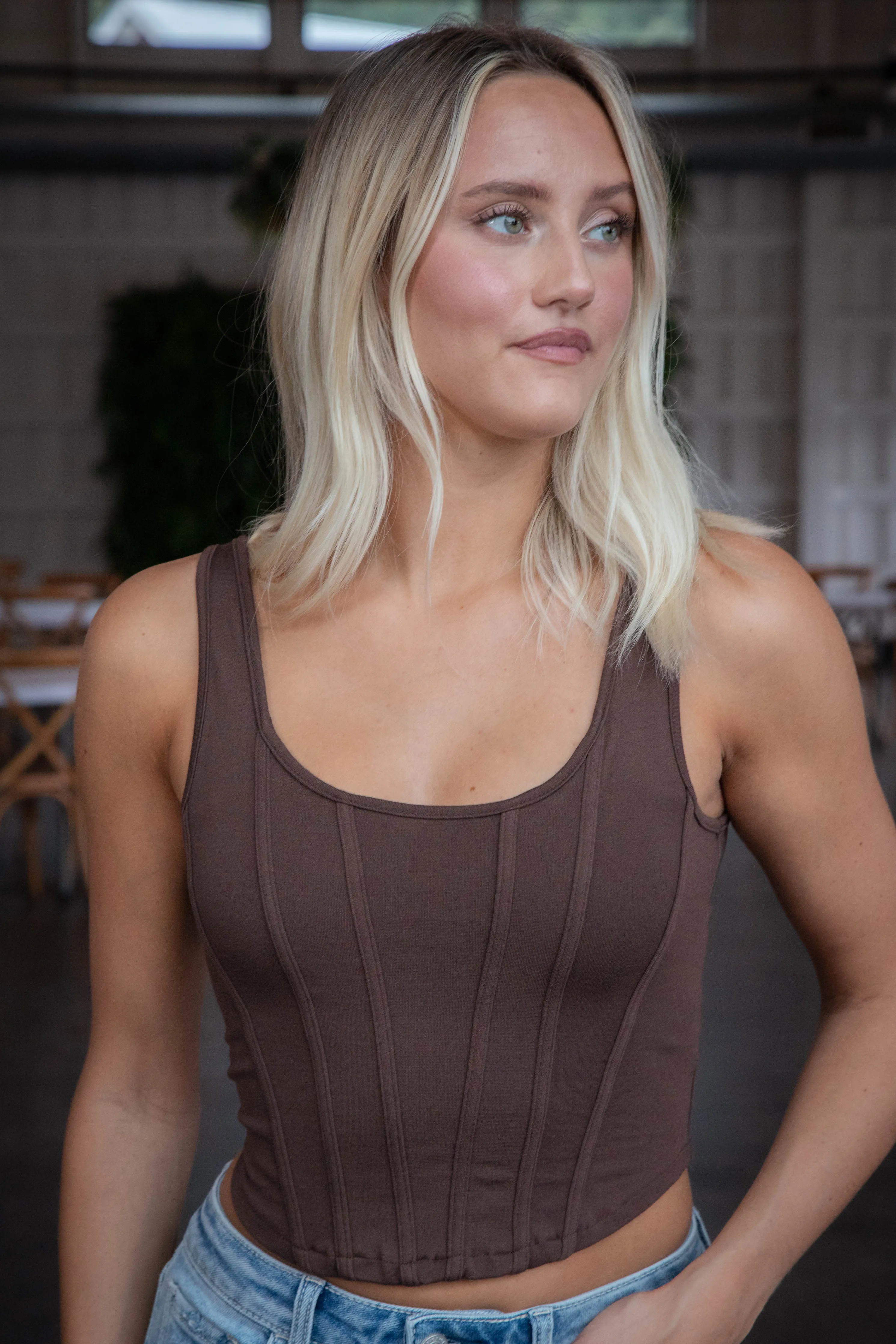 Kaila Line Detail Top, Coffee