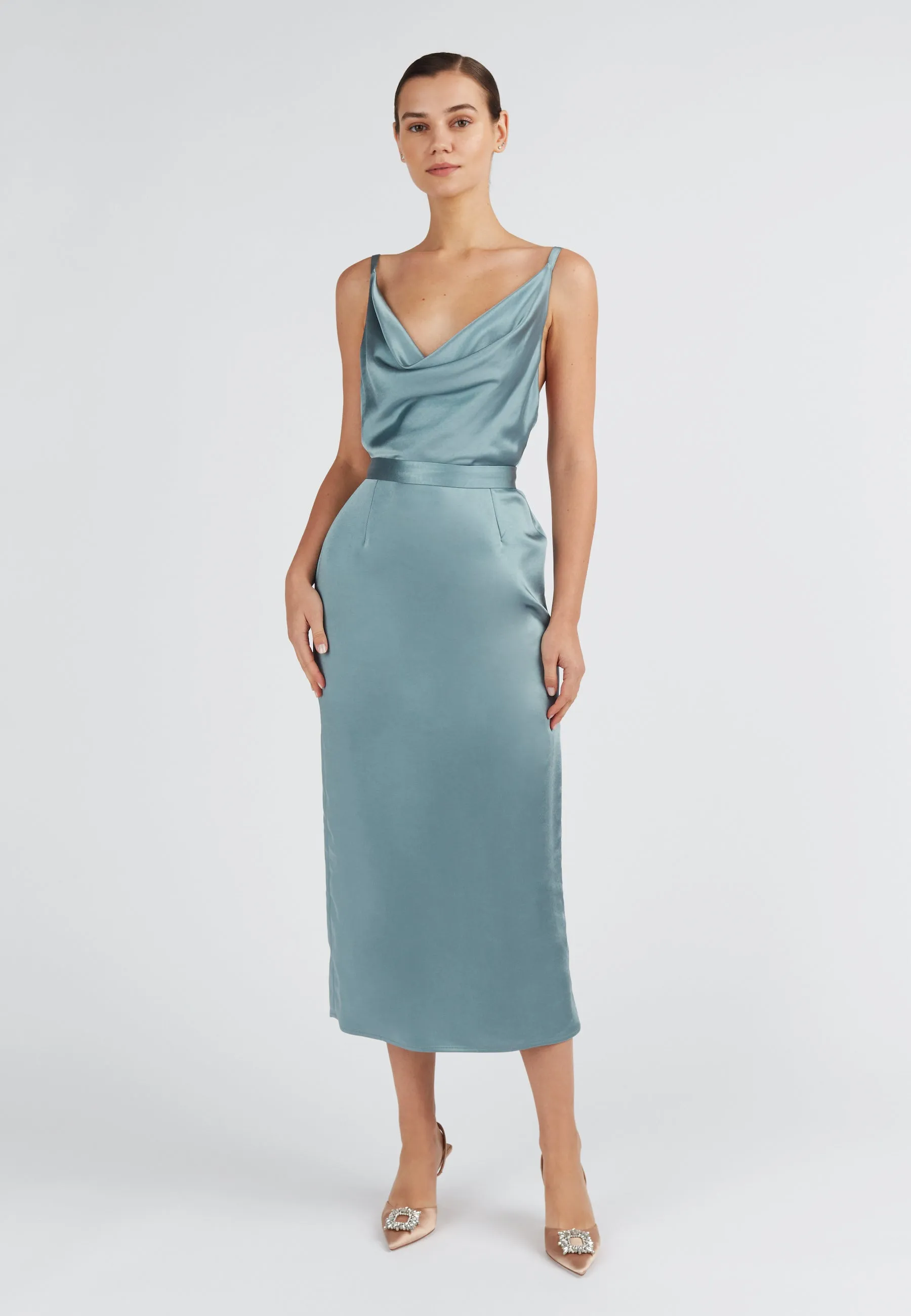 KAMEA blue satin open back dress