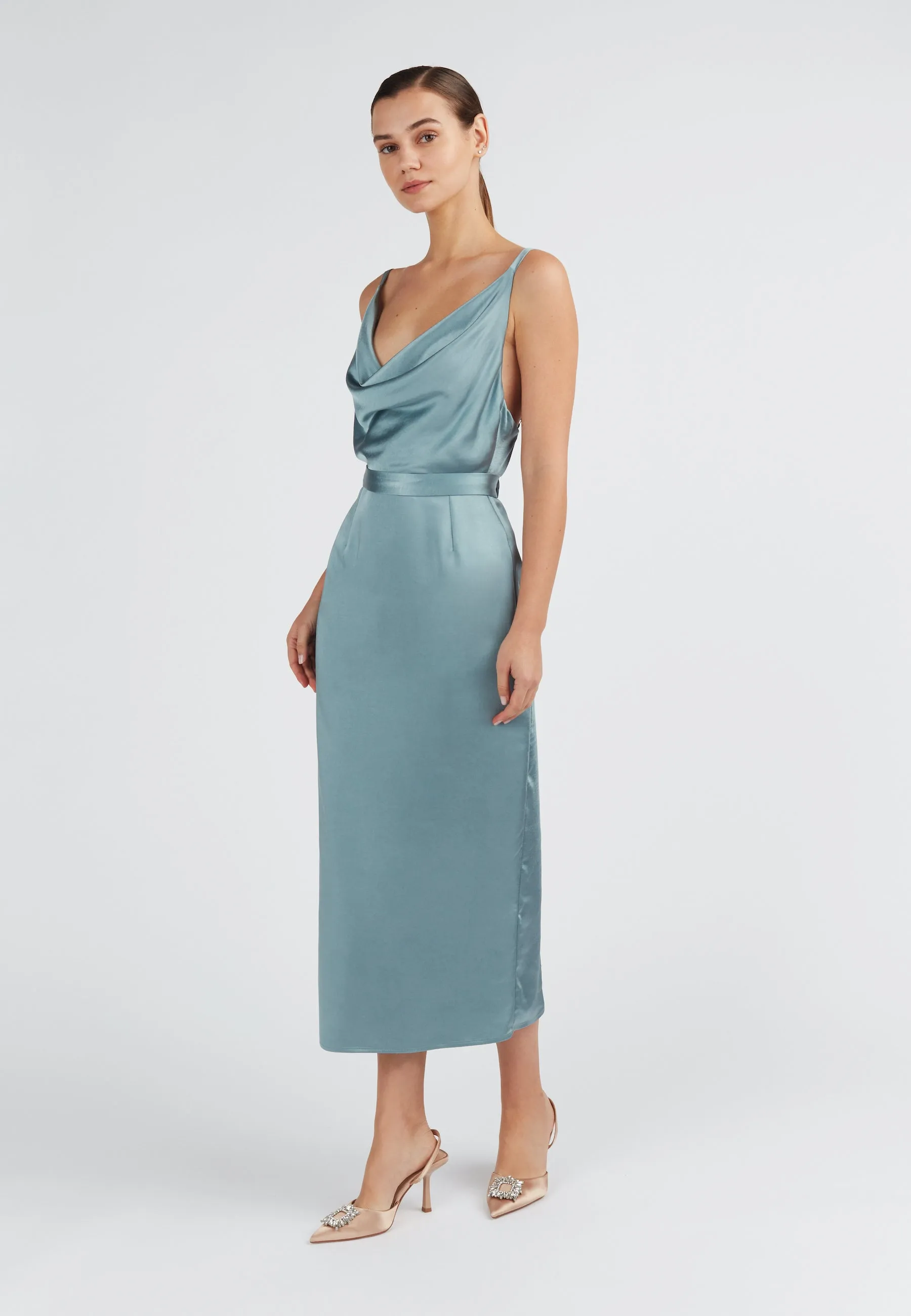 KAMEA blue satin open back dress