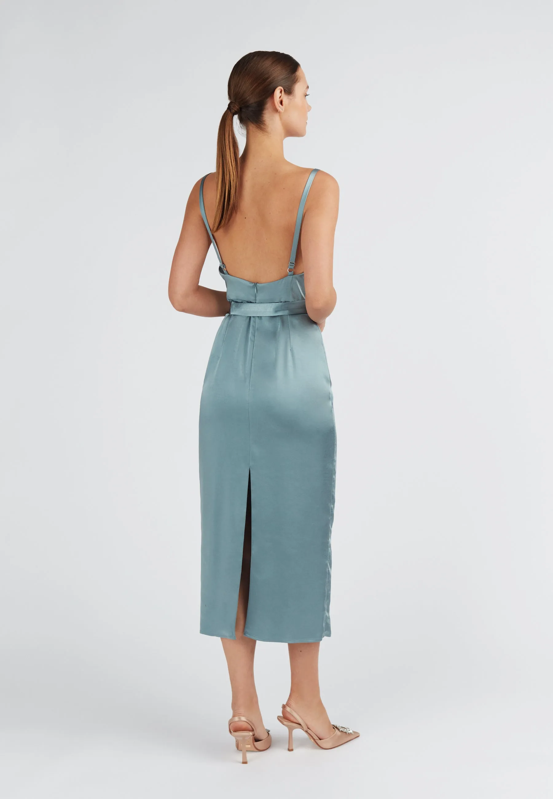 KAMEA blue satin open back dress