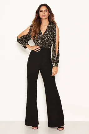 Khaki Animal Print Wrap Over Jumpsuit