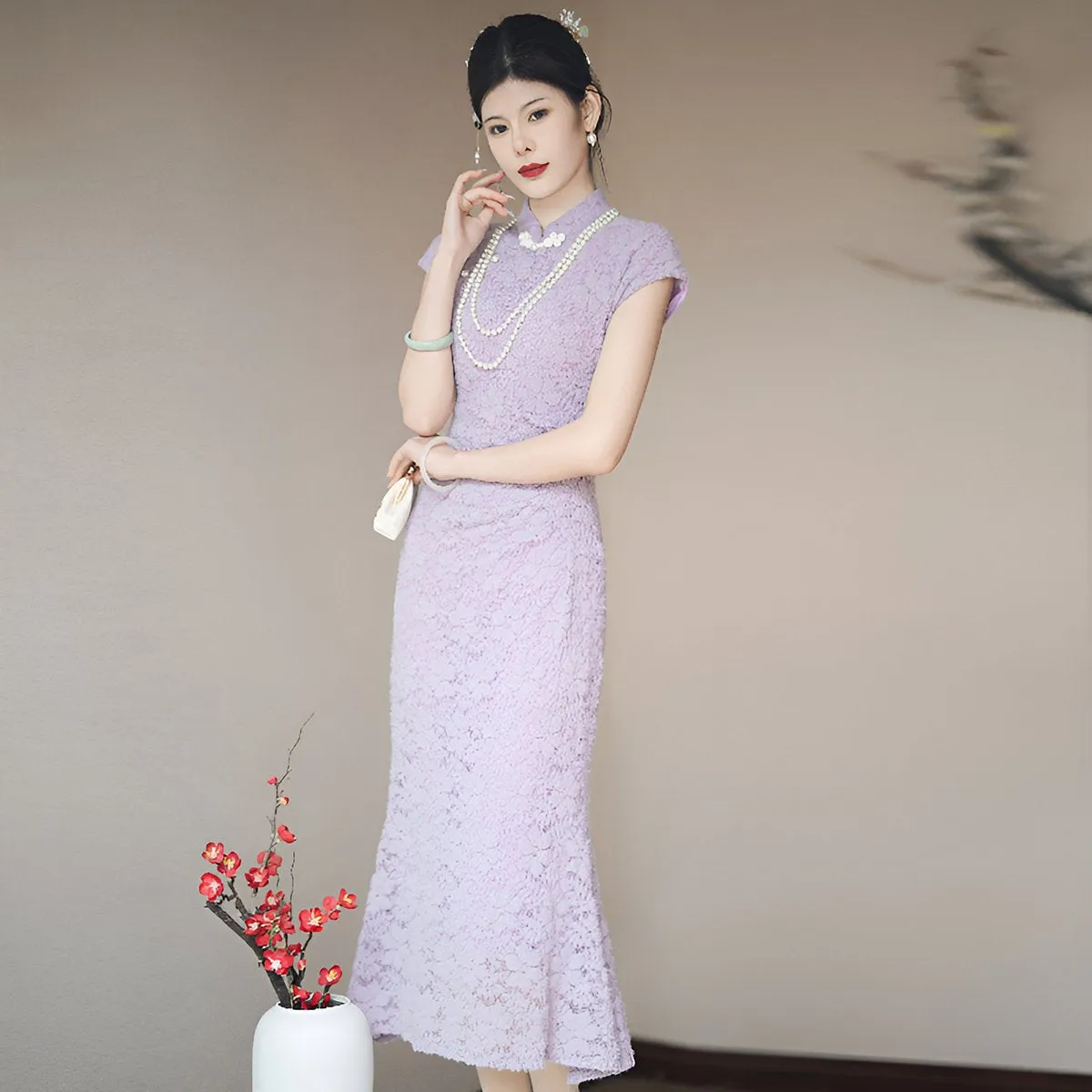 Lavender Elegant Lace Cheongsam Dress