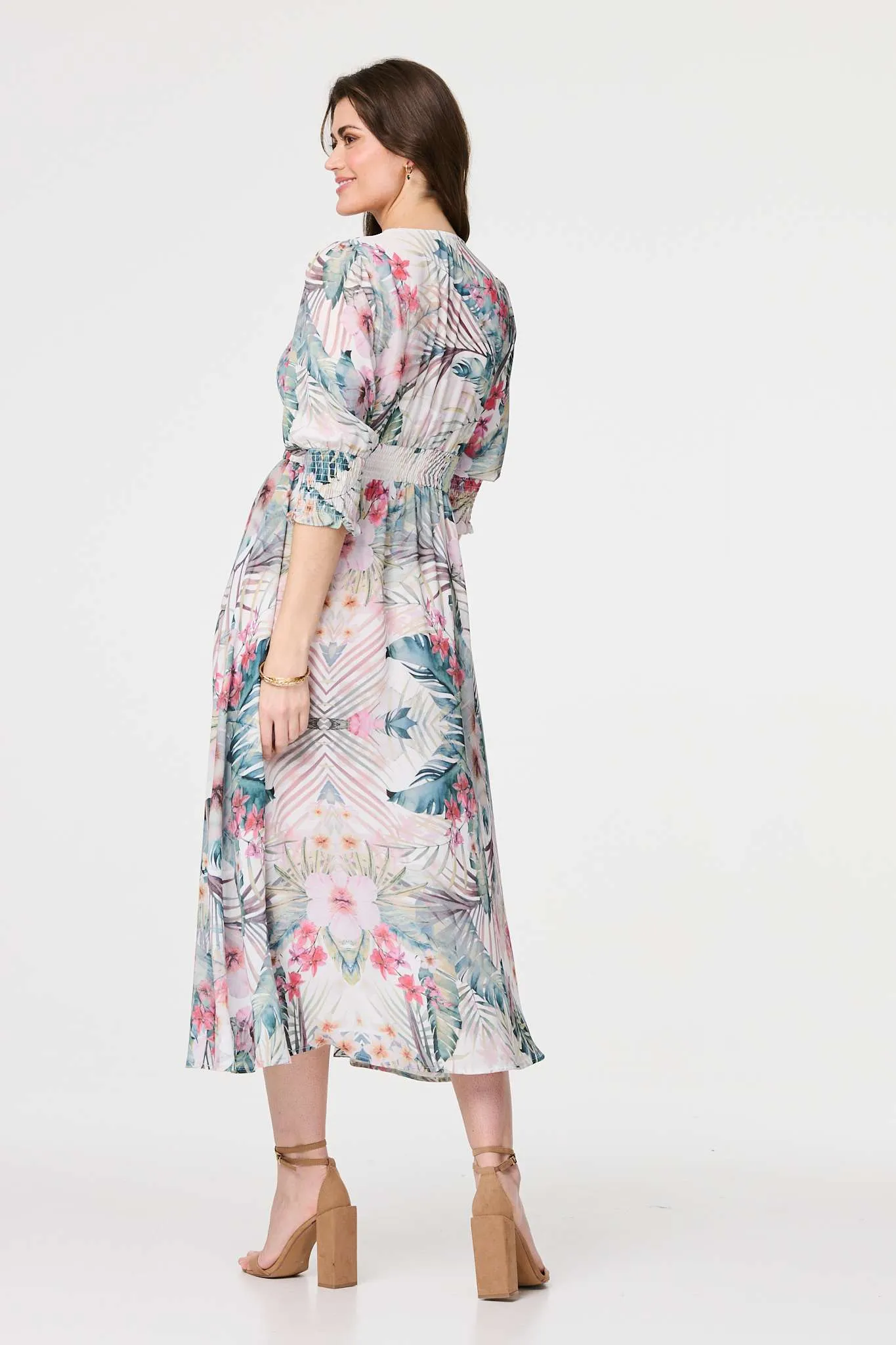 Leaf Print 3/4 Puff Sleeve Midi Dress