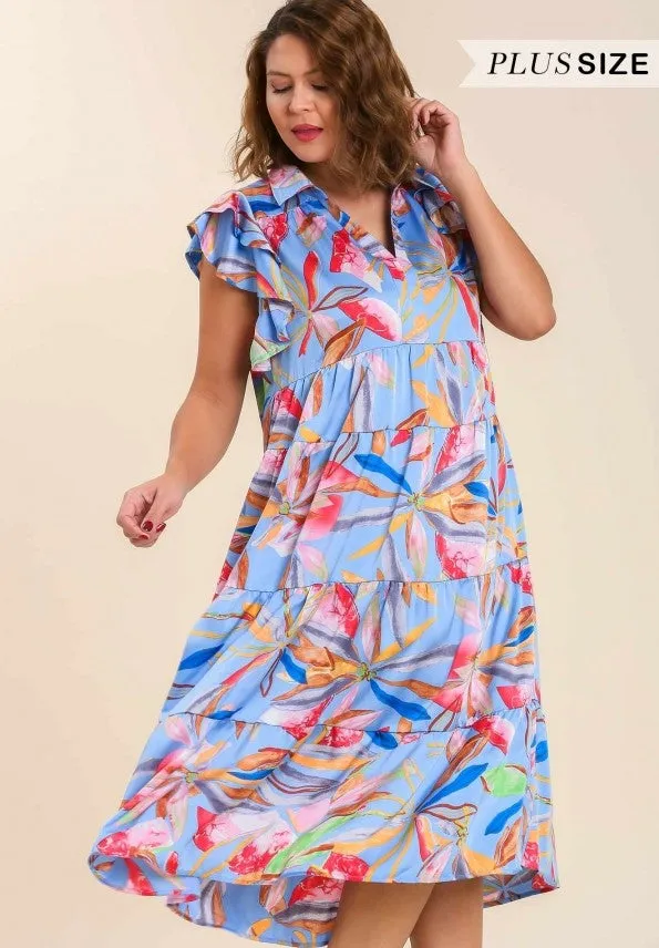 Leaf Print Tiered Midi Dress