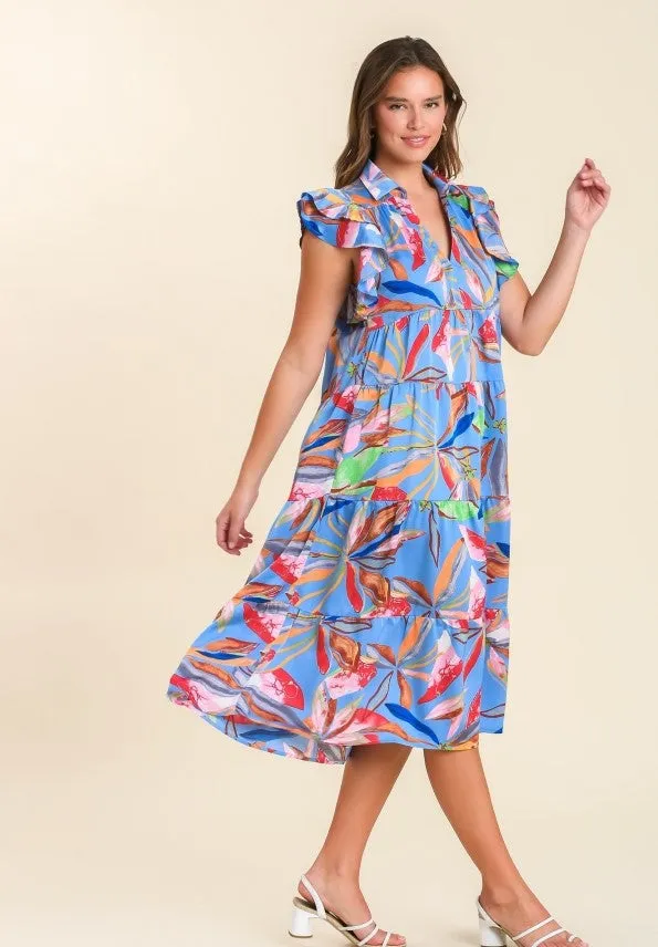 Leaf Print Tiered Midi Dress