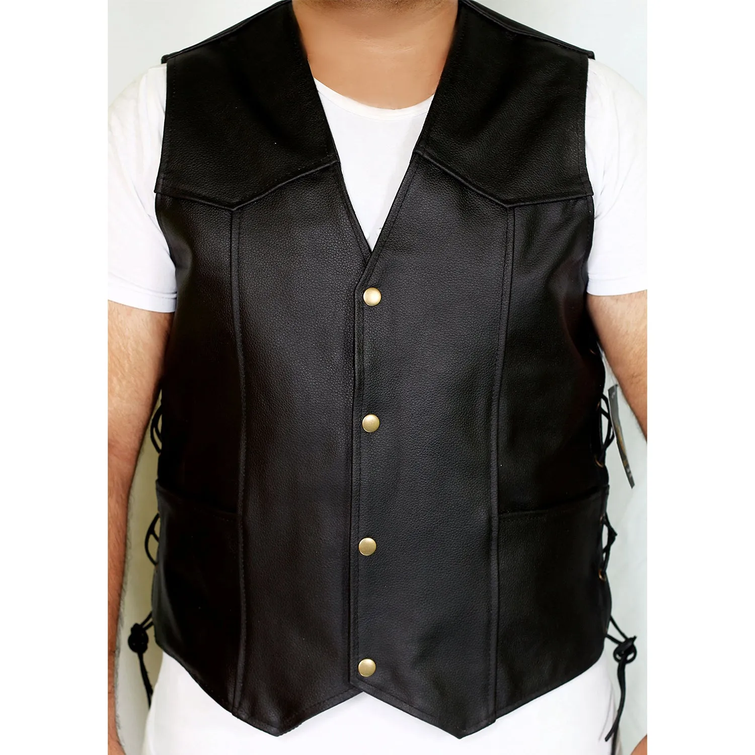 Leather Motorcycle Biker Style Waistcoat Vest With Laced Up Sides Black