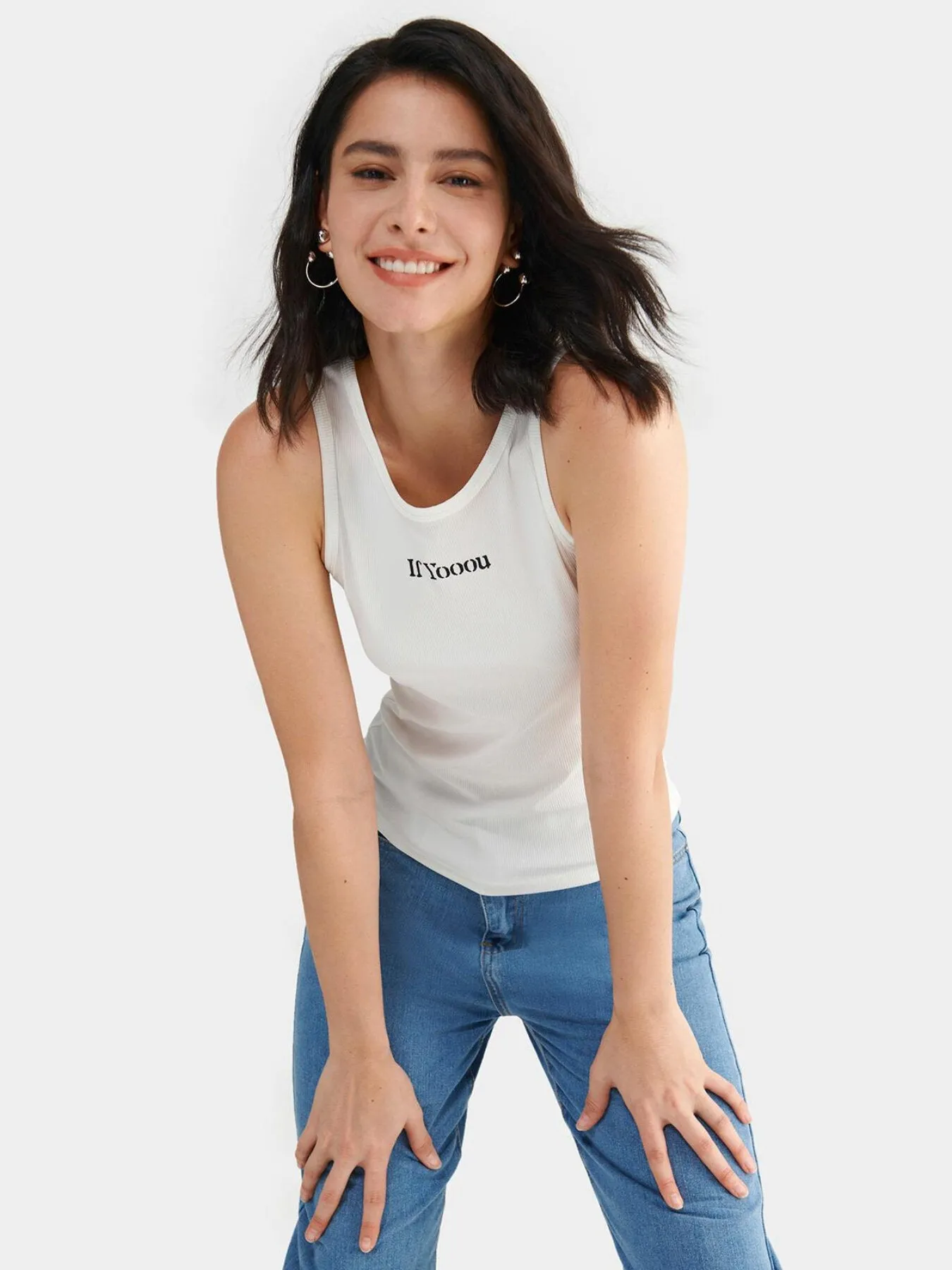 Letter Round Neck Rib Tank Top