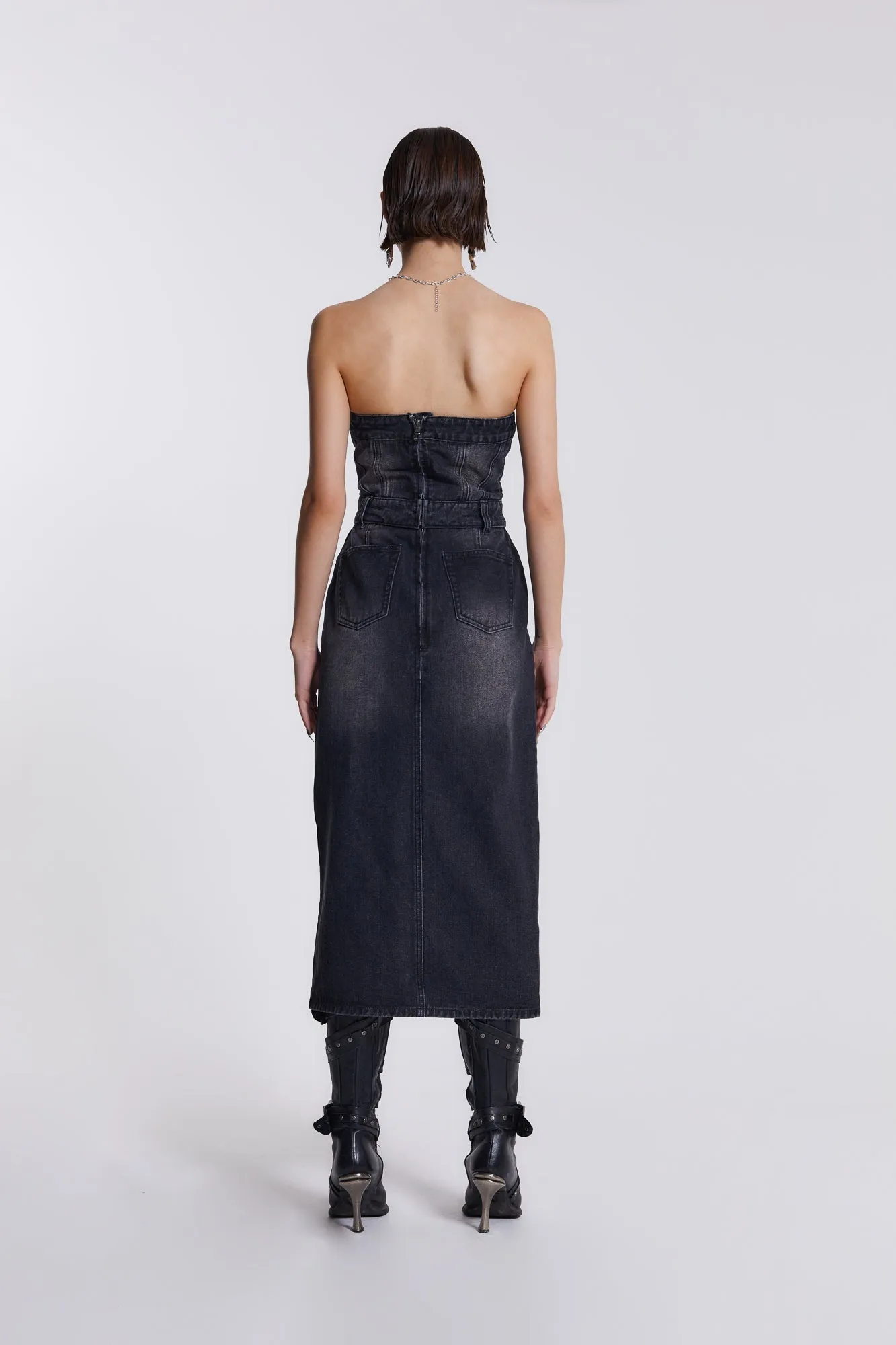 Liberty 2 In 1 Detachable Denim Black Midi Dress