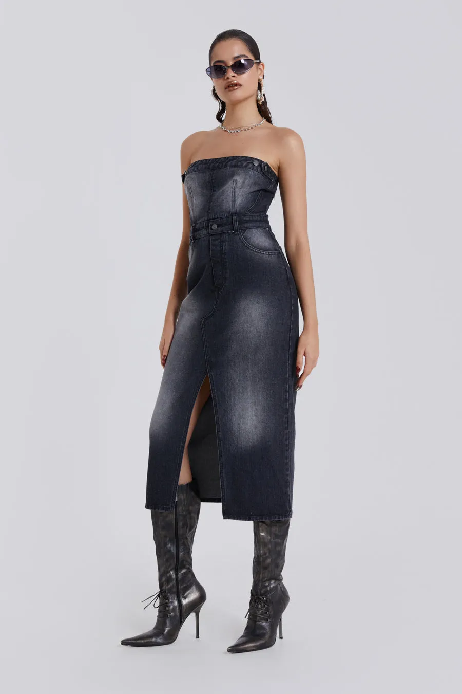 Liberty 2 In 1 Detachable Denim Black Midi Dress