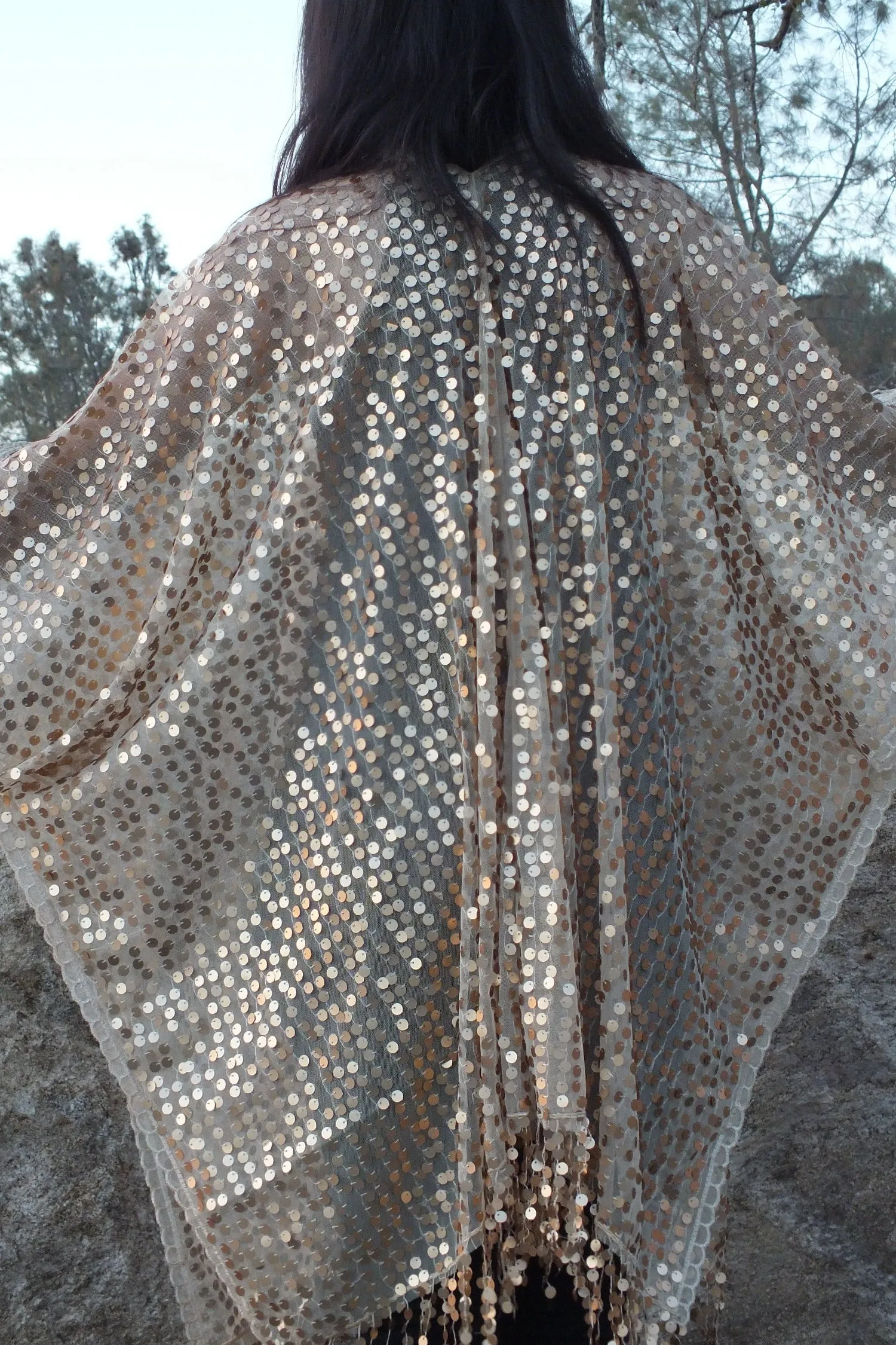 Light Gold Round Sequin Caftan Kimono Party Top Duster One size