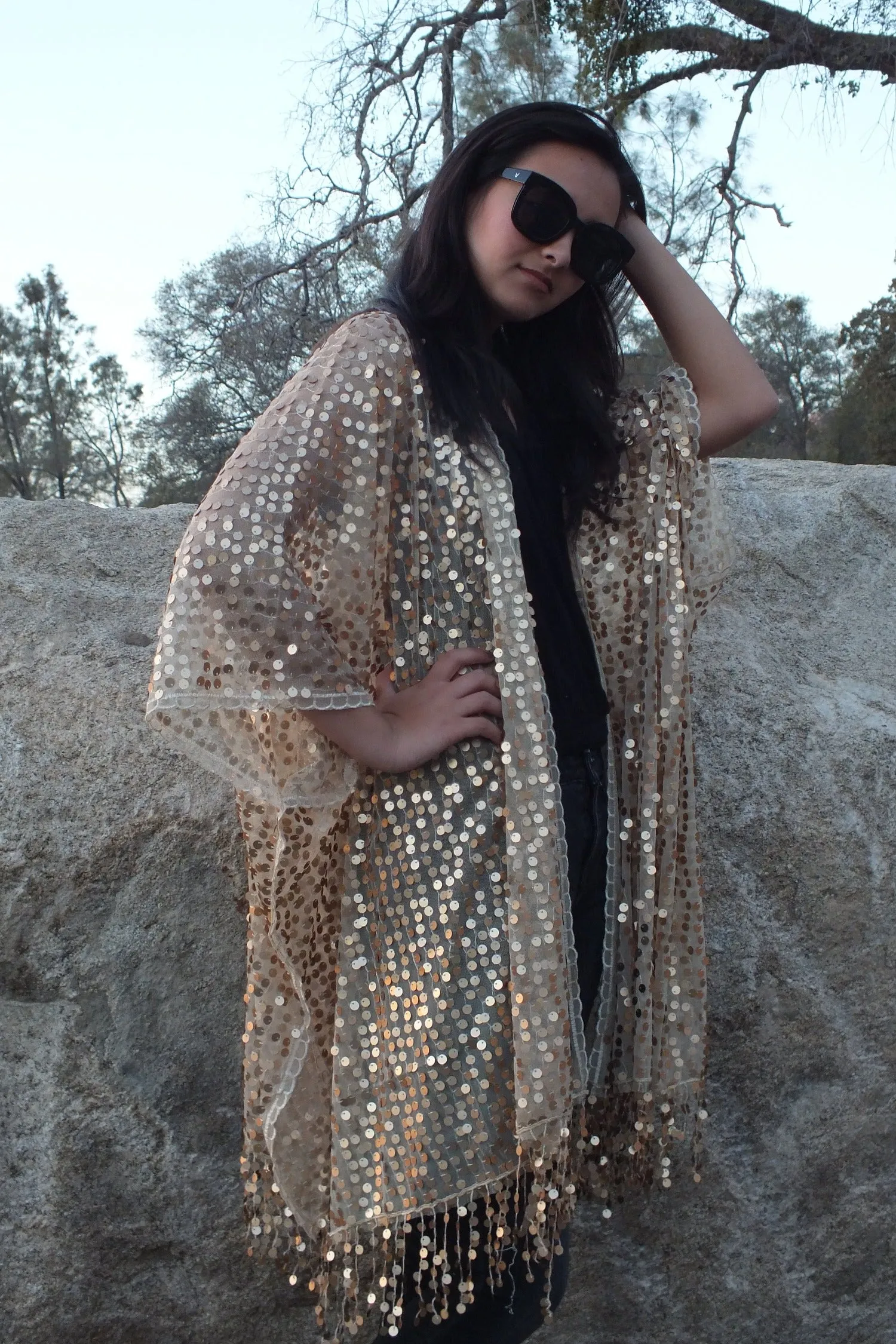 Light Gold Round Sequin Caftan Kimono Party Top Duster One size