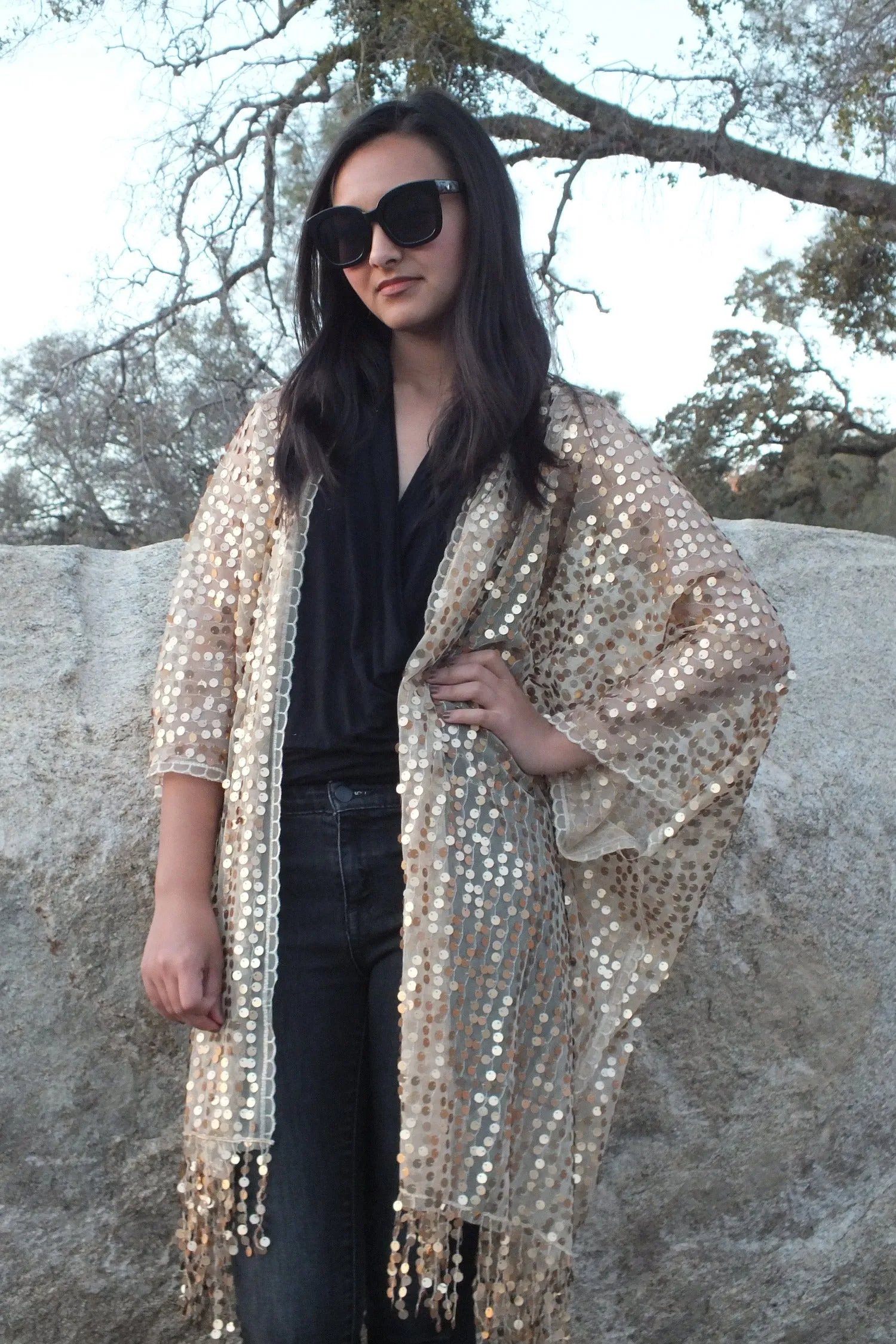 Light Gold Round Sequin Caftan Kimono Party Top Duster One size