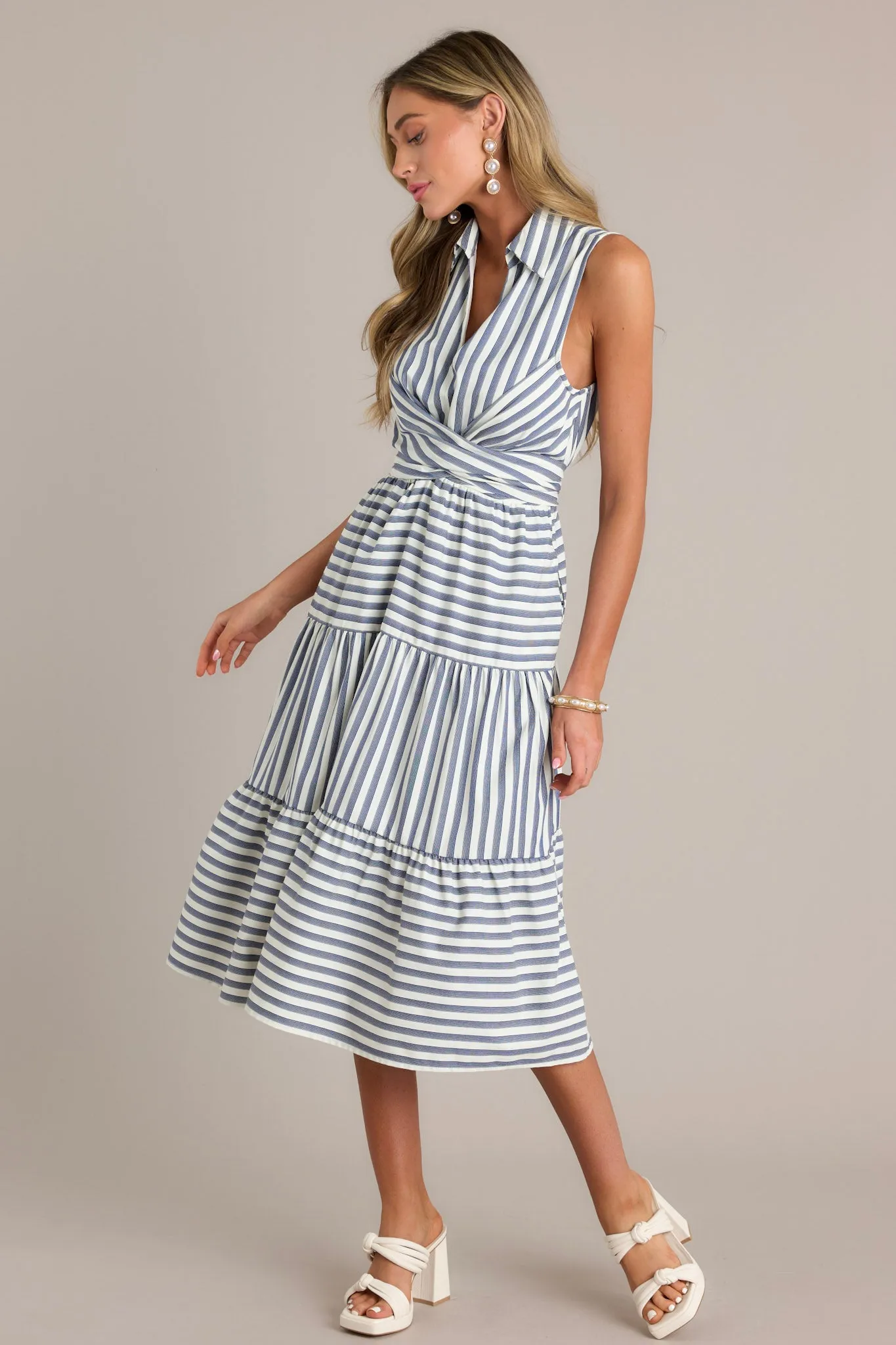 Linear Chic Navy Stripe Collared Midi Dress