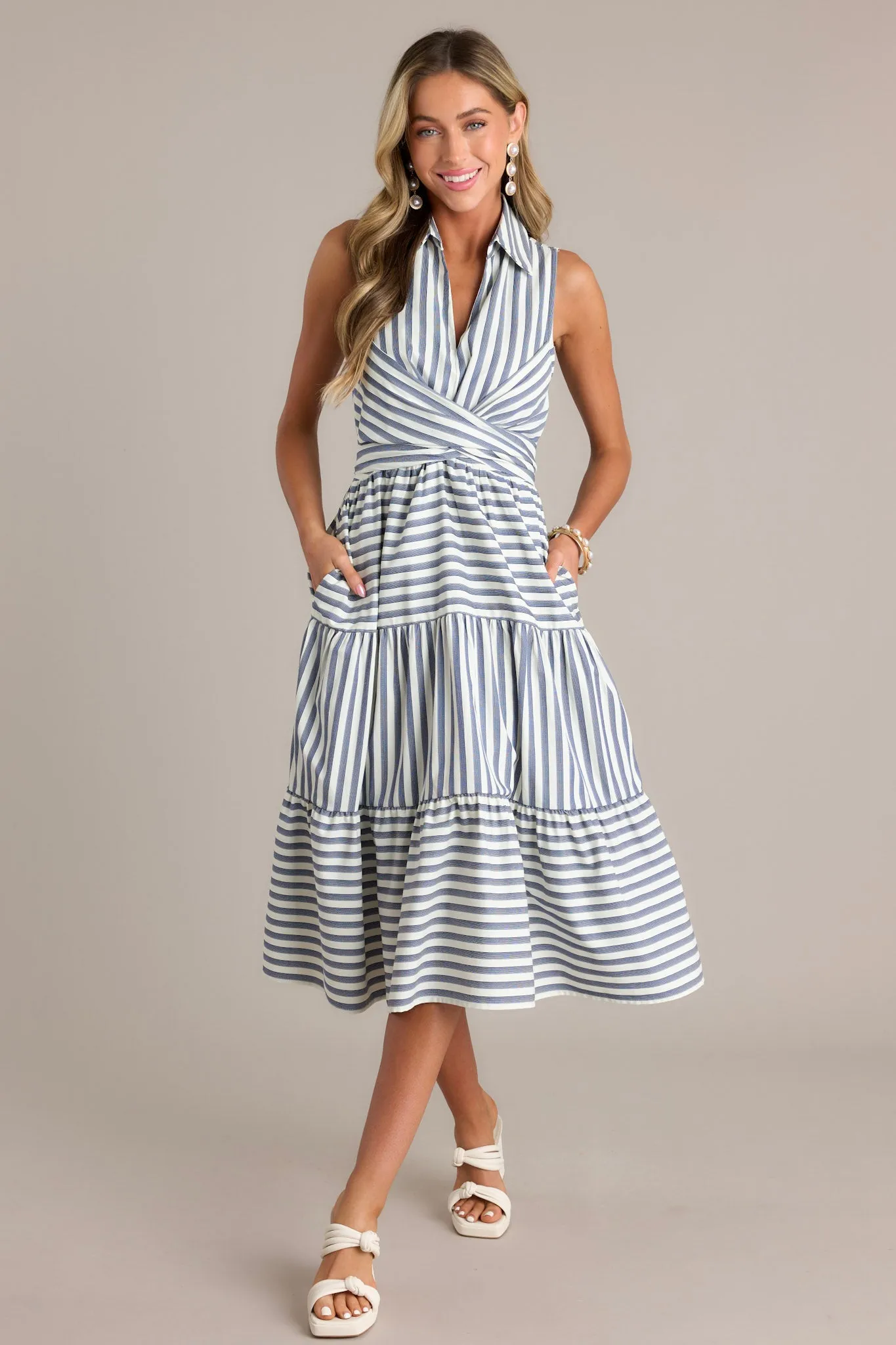 Linear Chic Navy Stripe Collared Midi Dress