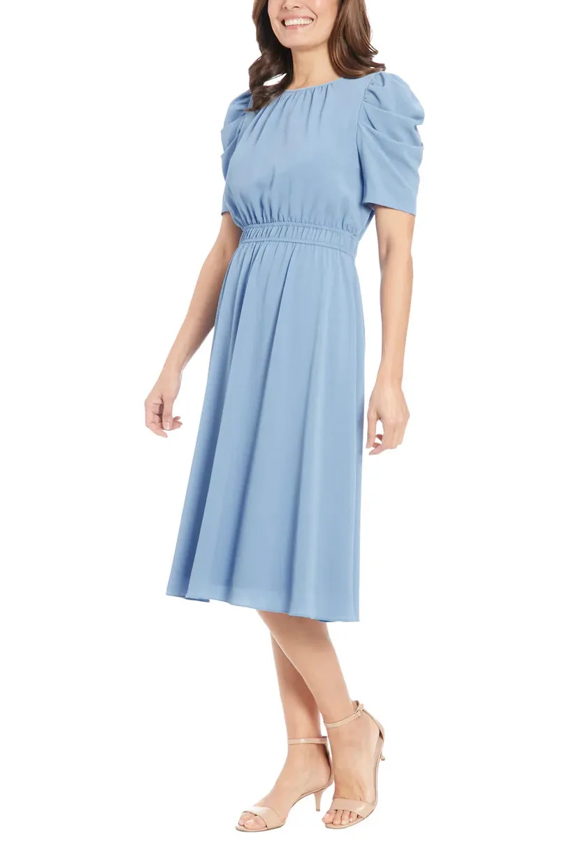 London Times Shirred Neck Caterpillar Sleeve Midi Dress