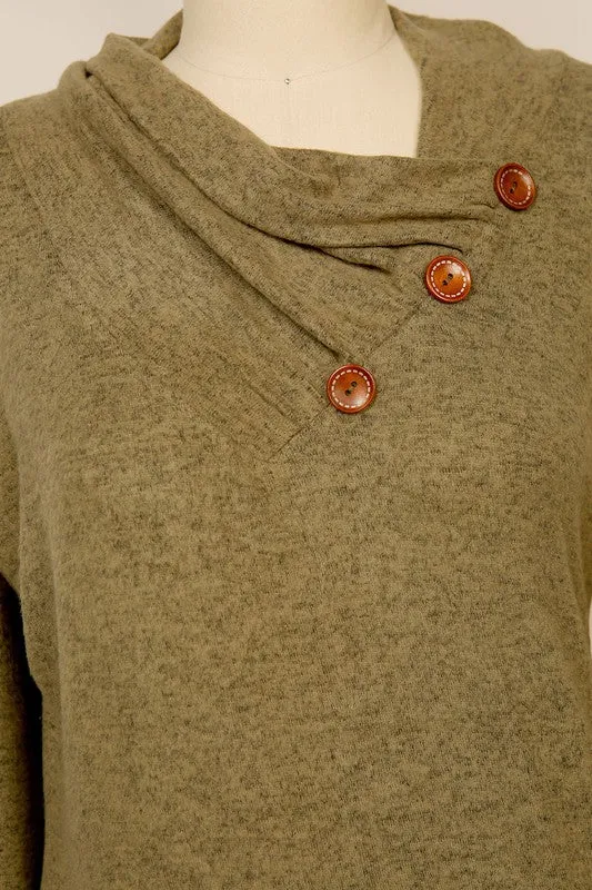 Long Sleeve Brushed Hacci Wood Button Accent Tunic