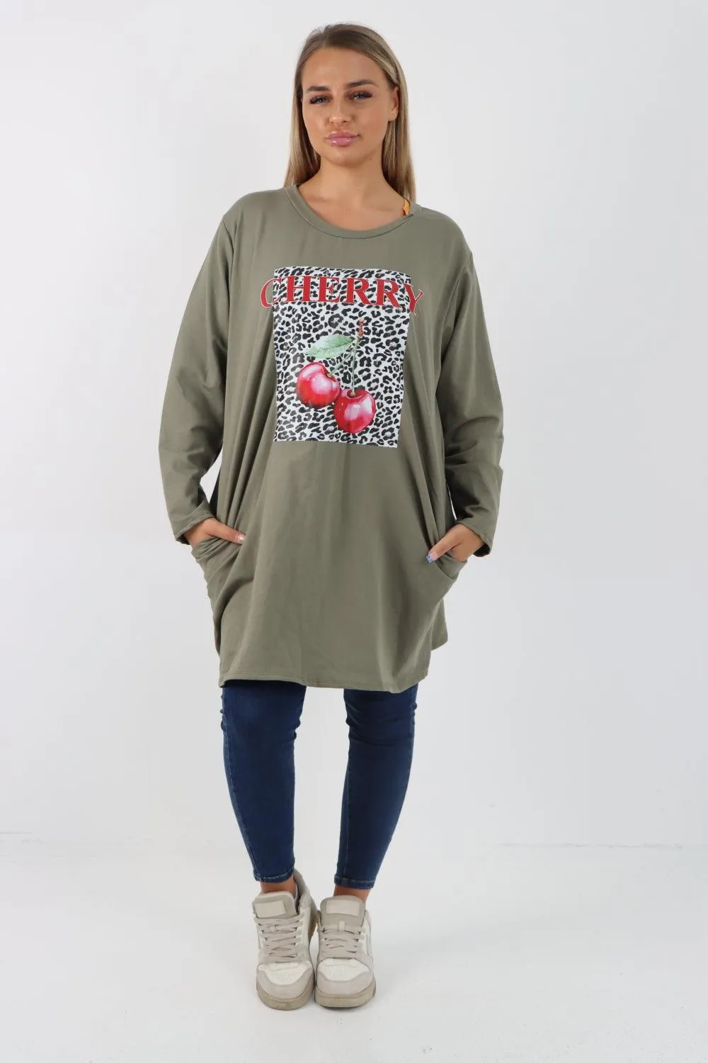 Long Sleeve Cherry Print Tunic Top