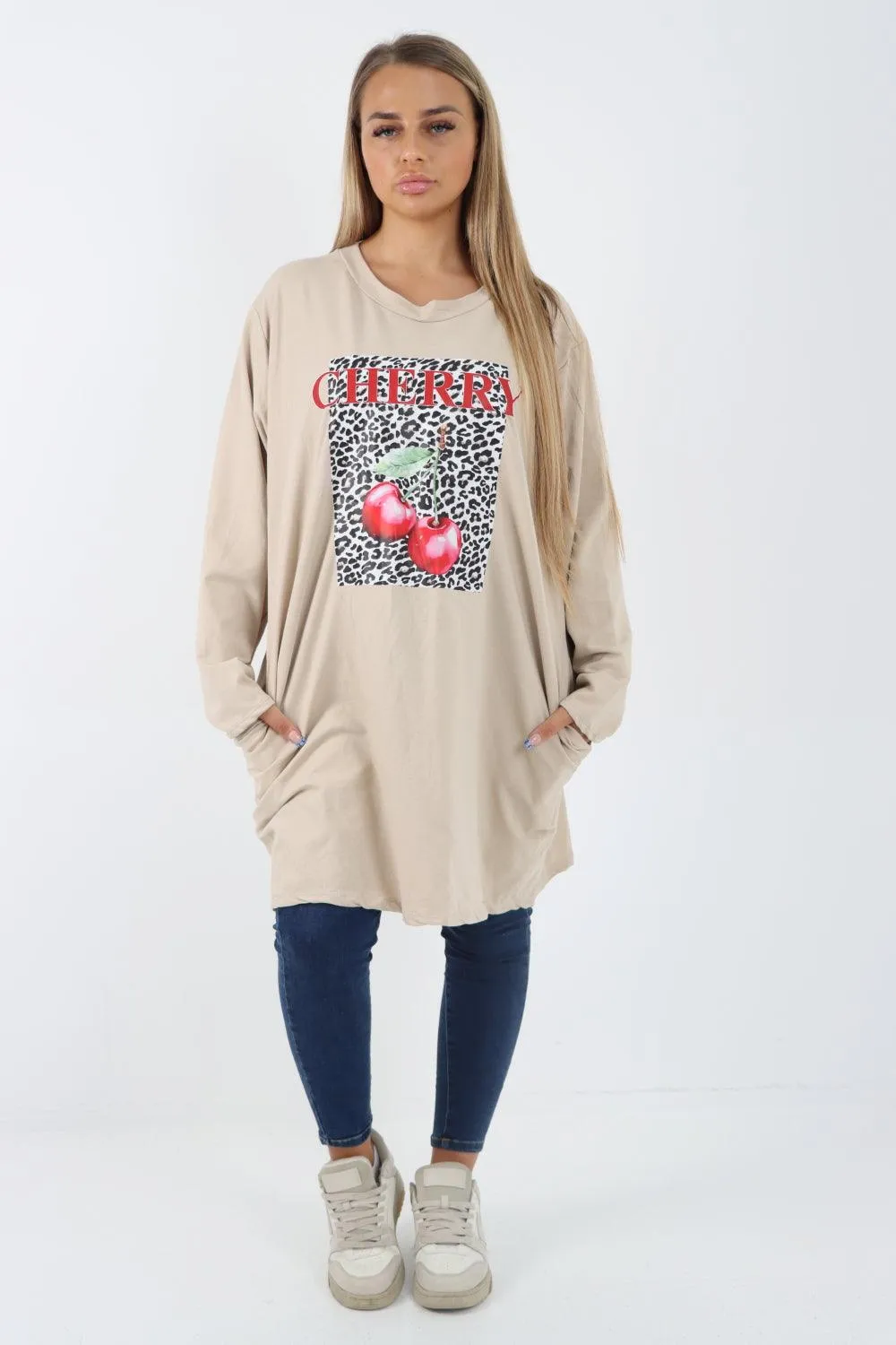 Long Sleeve Cherry Print Tunic Top