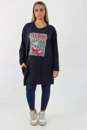 Long Sleeve Cherry Print Tunic Top