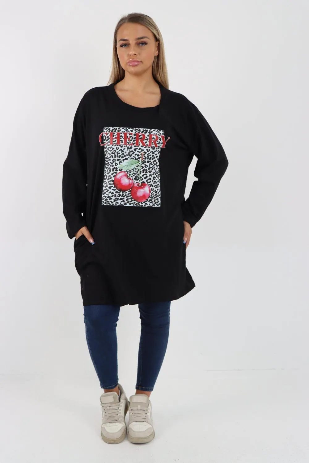 Long Sleeve Cherry Print Tunic Top