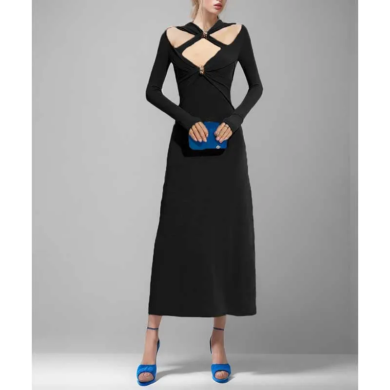 Long Sleeve Cut Out Knitted Midi Dress