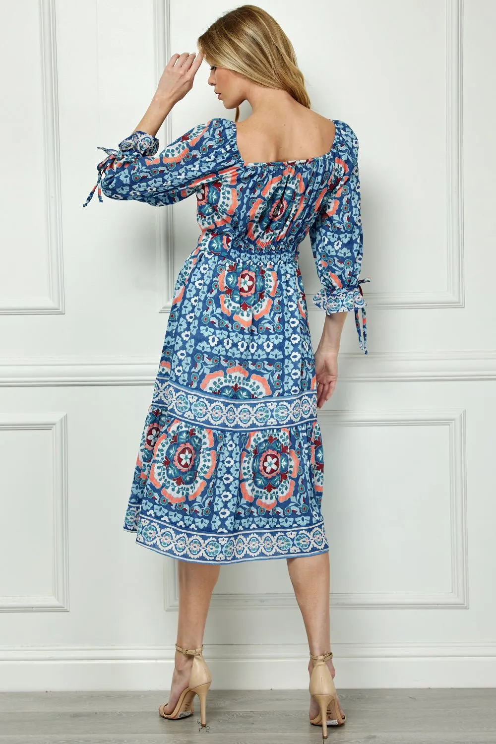 Long Sleeve Square Neck Printed Midi Dress