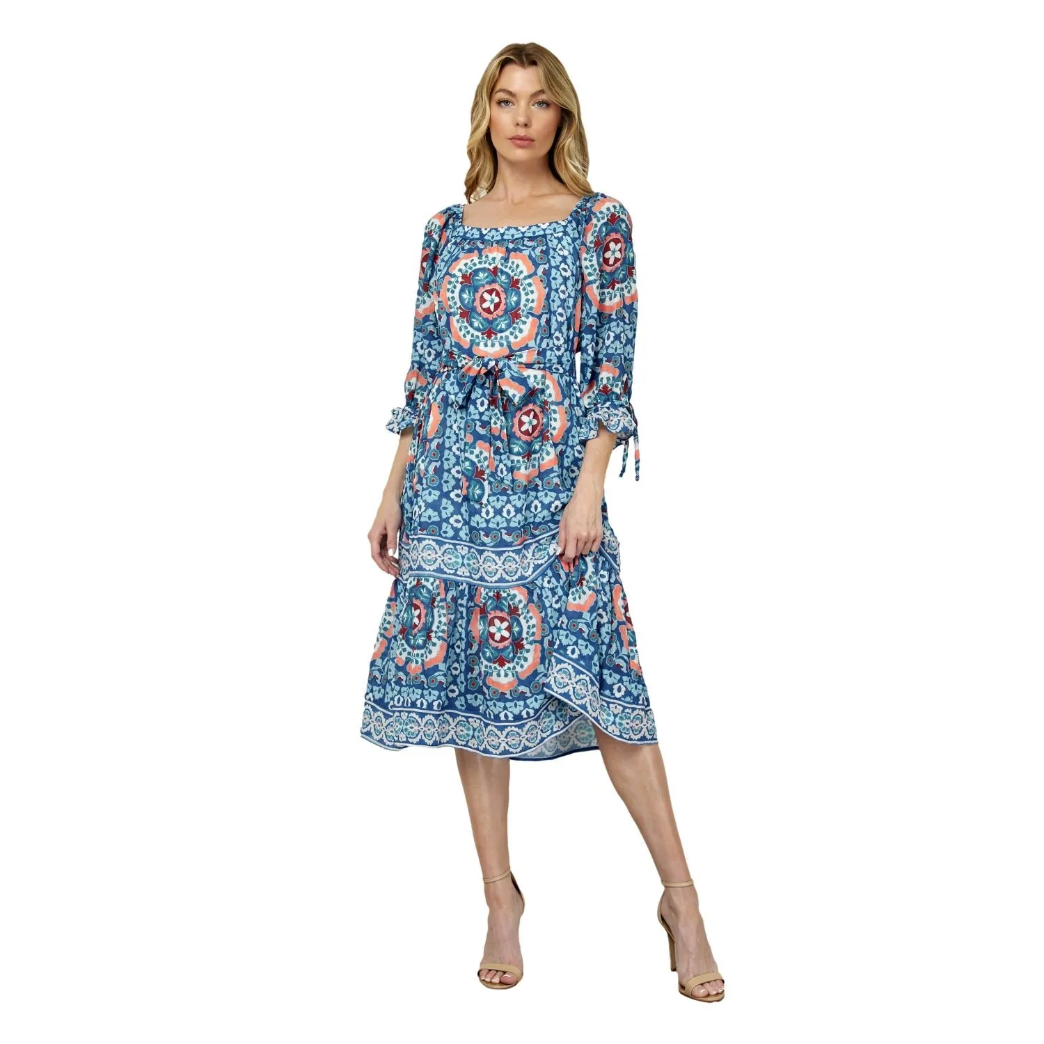 Long Sleeve Square Neck Printed Midi Dress