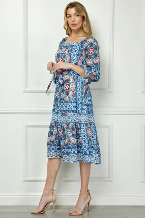 Long Sleeve Square Neck Printed Midi Dress