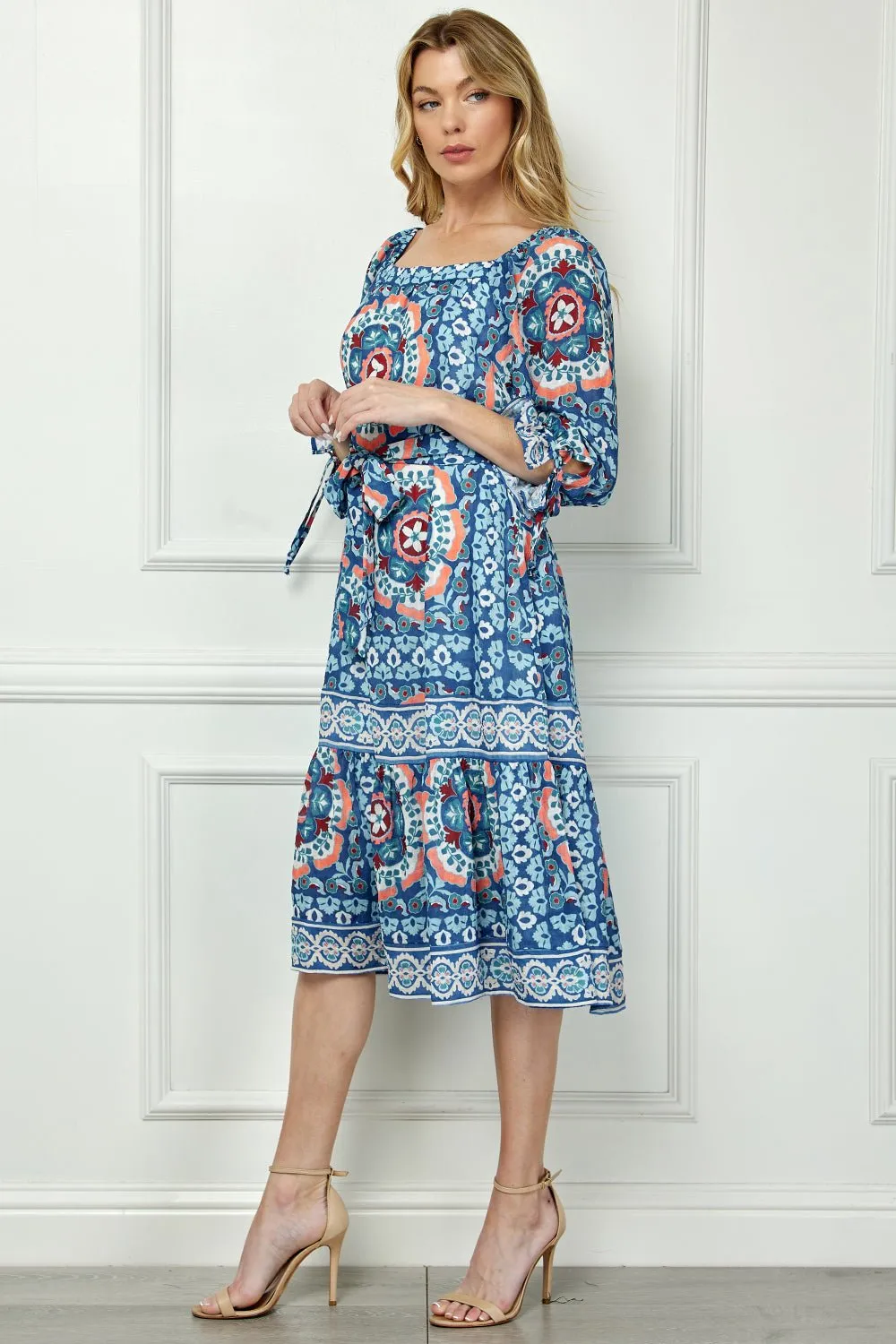 Long Sleeve Square Neck Printed Midi Dress