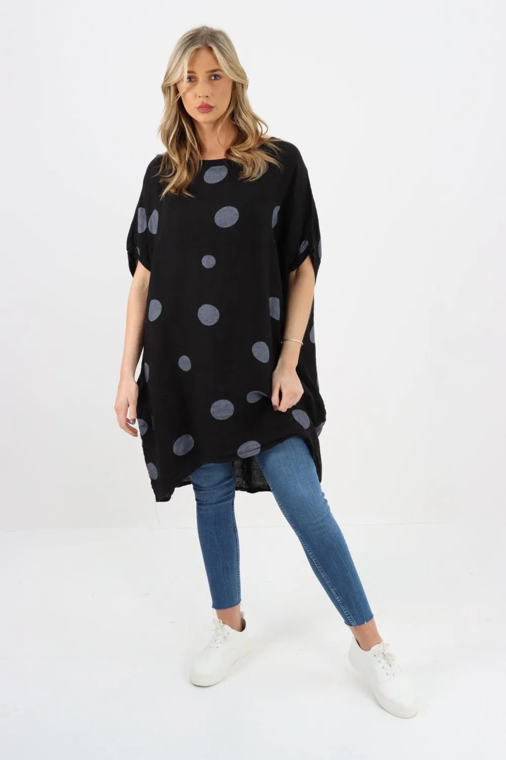 Made In Italy Linen Polka Dot Tunic Top