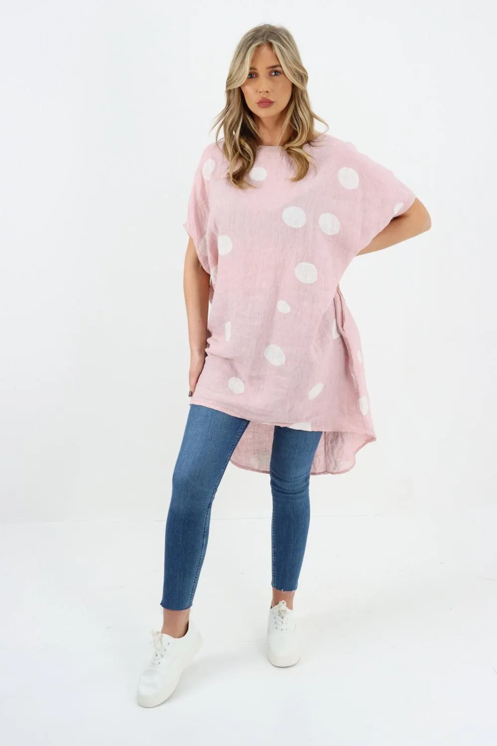 Made In Italy Linen Polka Dot Tunic Top